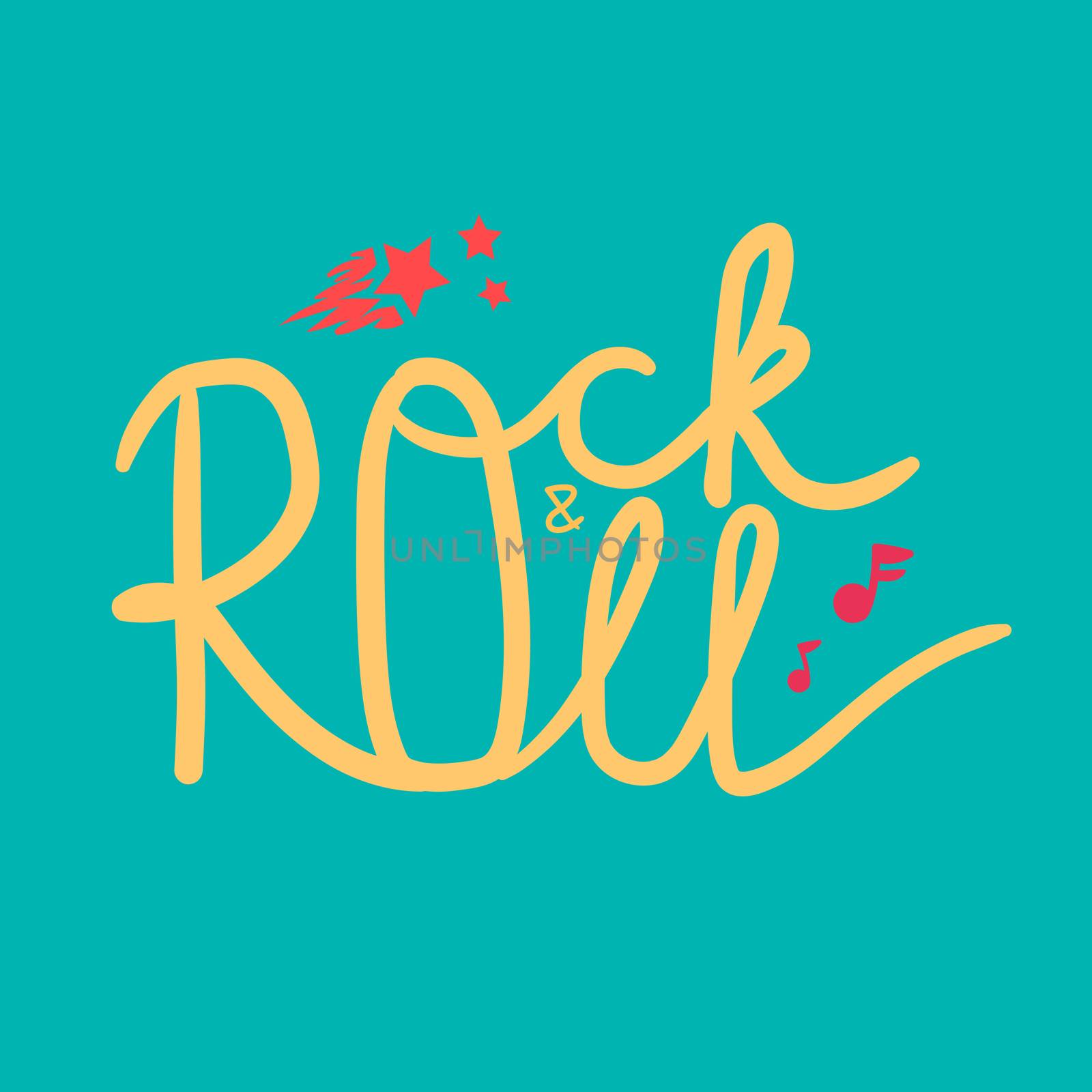 Rock and Roll Lettering for t-shirt, sticker, print, fabric, cloth. Vintage hand drawn music badge. Retro hipster musical sound emblem for card, concert flyer, fest, postcard, label, poster. Vector