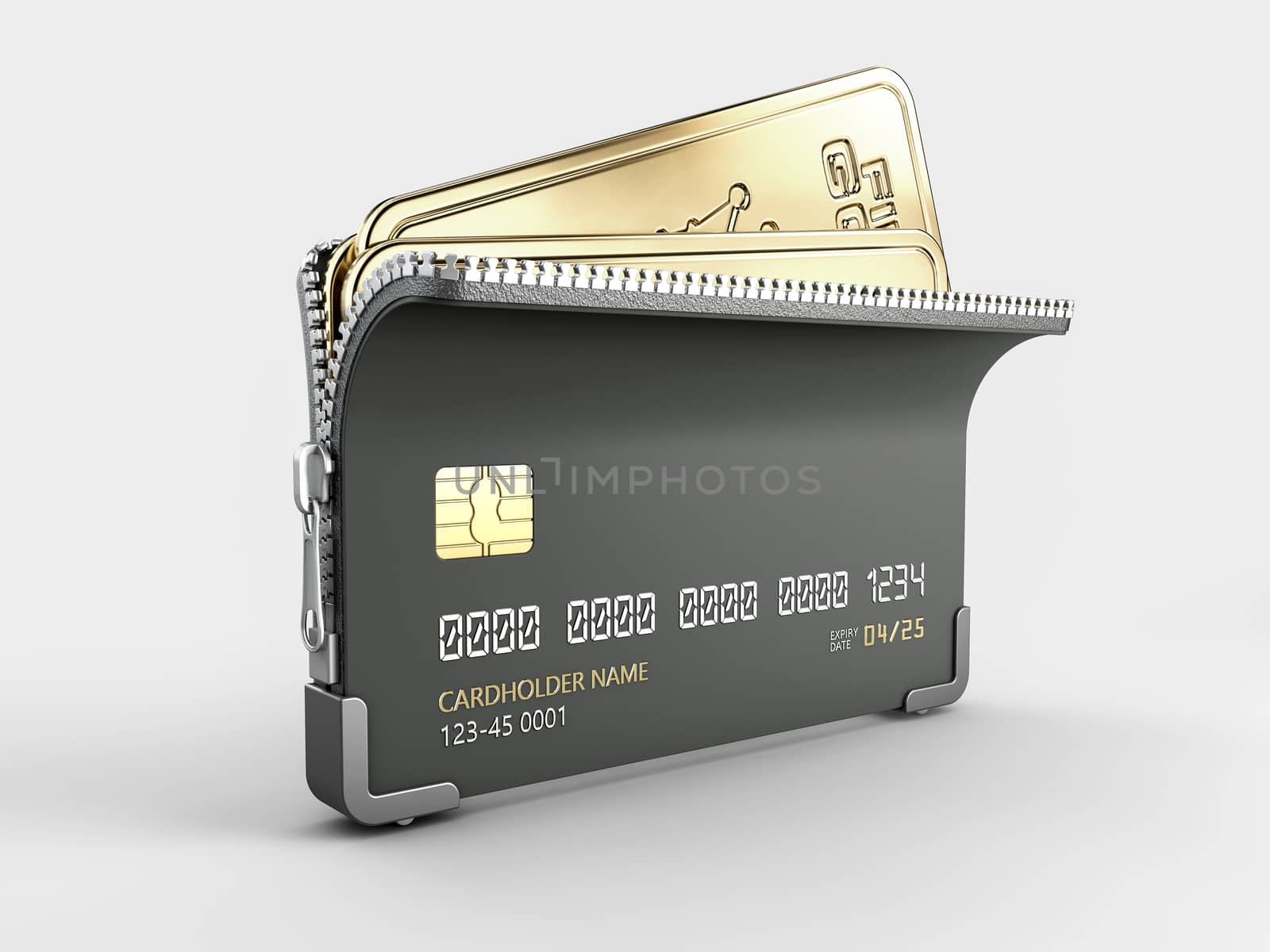 3d Rendering of fine gold ingots and credit cards on gray, clipping path included.