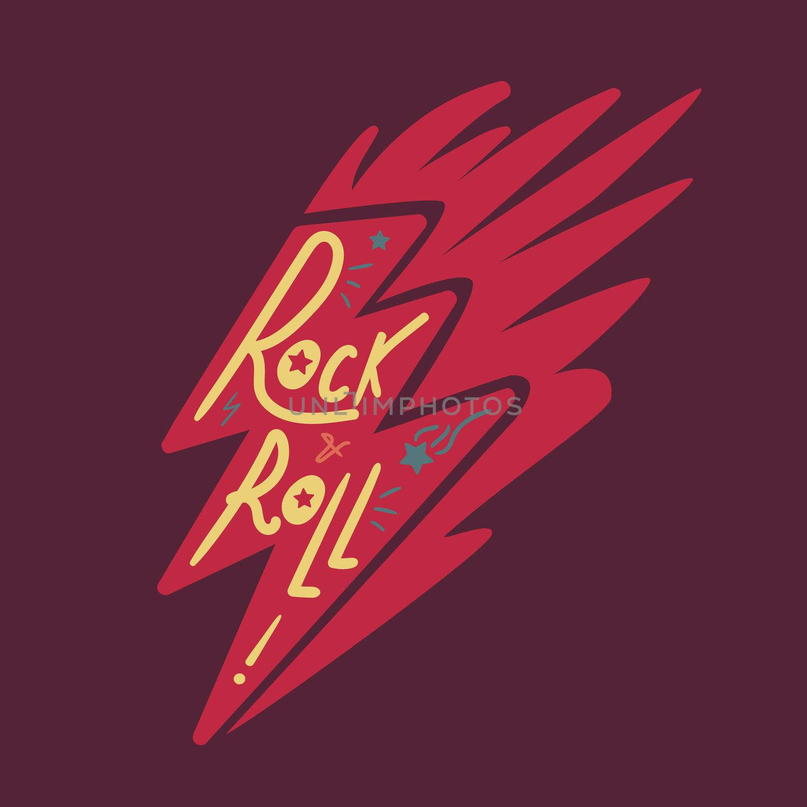 Rock and Roll Lettering for t-shirt, sticker, print, fabric, cloth. Vintage hand drawn music badge. Retro hipster musical sound emblem for card, concert flyer, fest, postcard, label, poster. Vector
