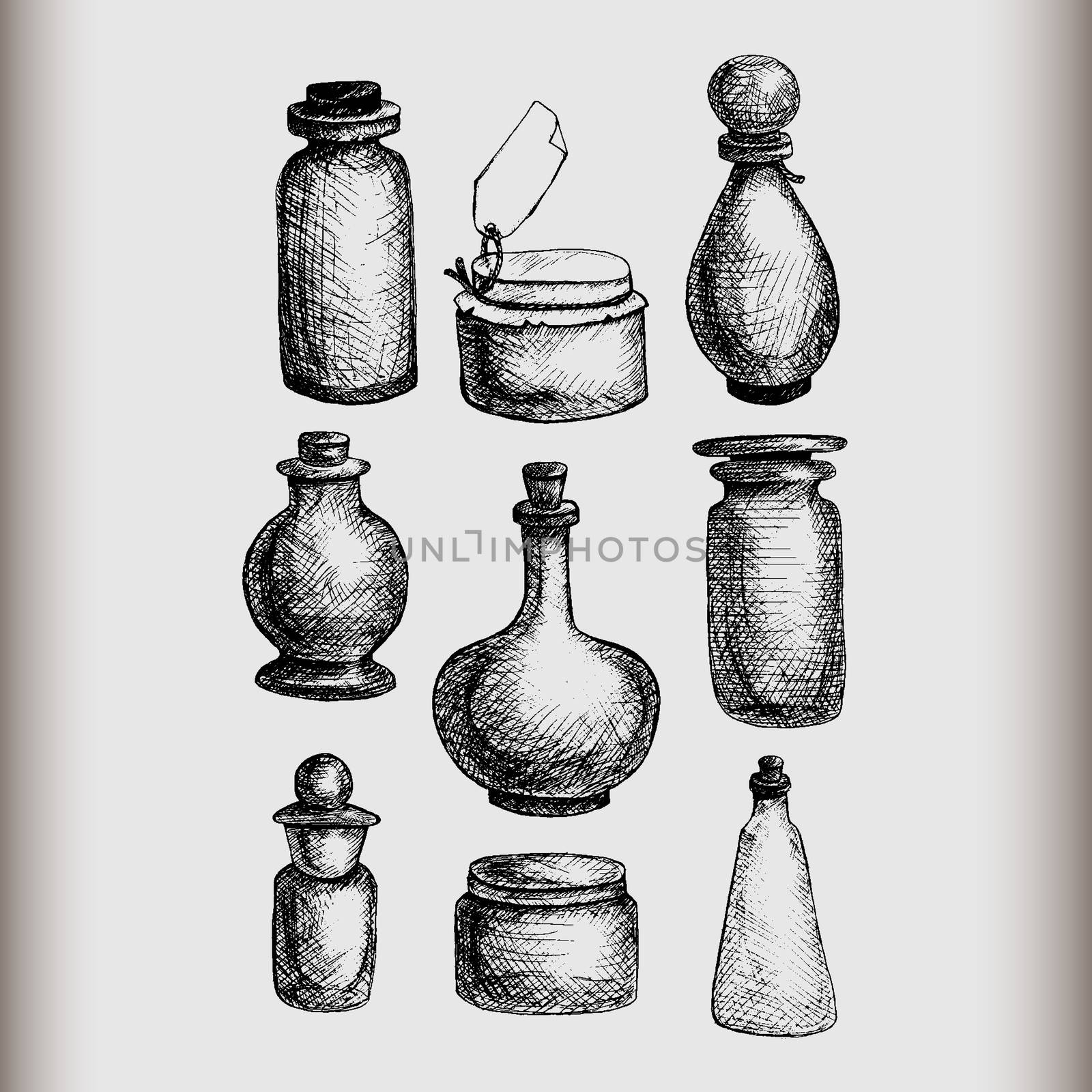 Hand drawn isolated vintage glass jars and bottles set. Containers for jams, food, attar, otto, essential oil, oils, liquid, perfume. Vector