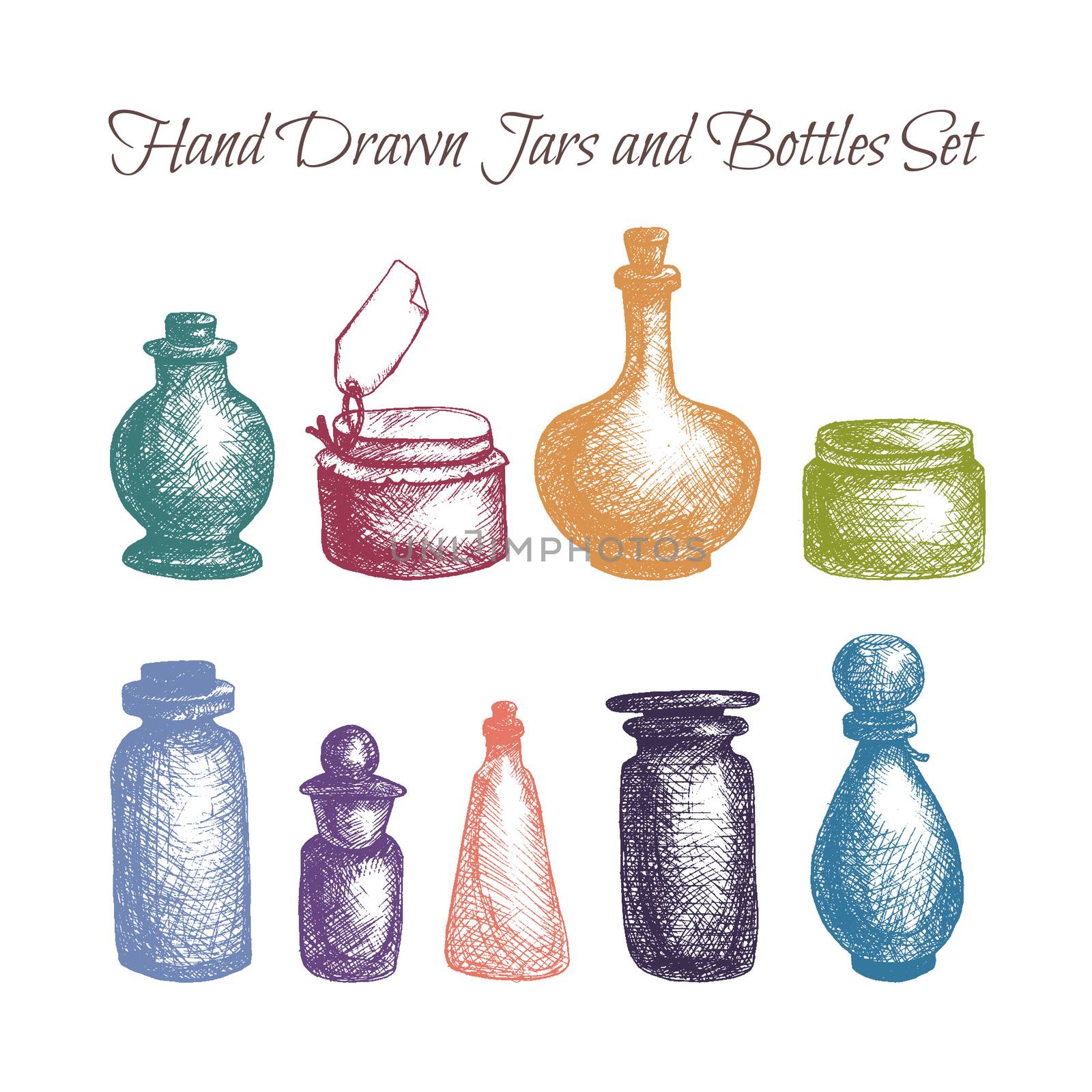 Hand drawn isolated vintage glass jars and bottles set. Containers for jams, food, attar, otto, essential oil, oils, liquid, perfume. Vector
