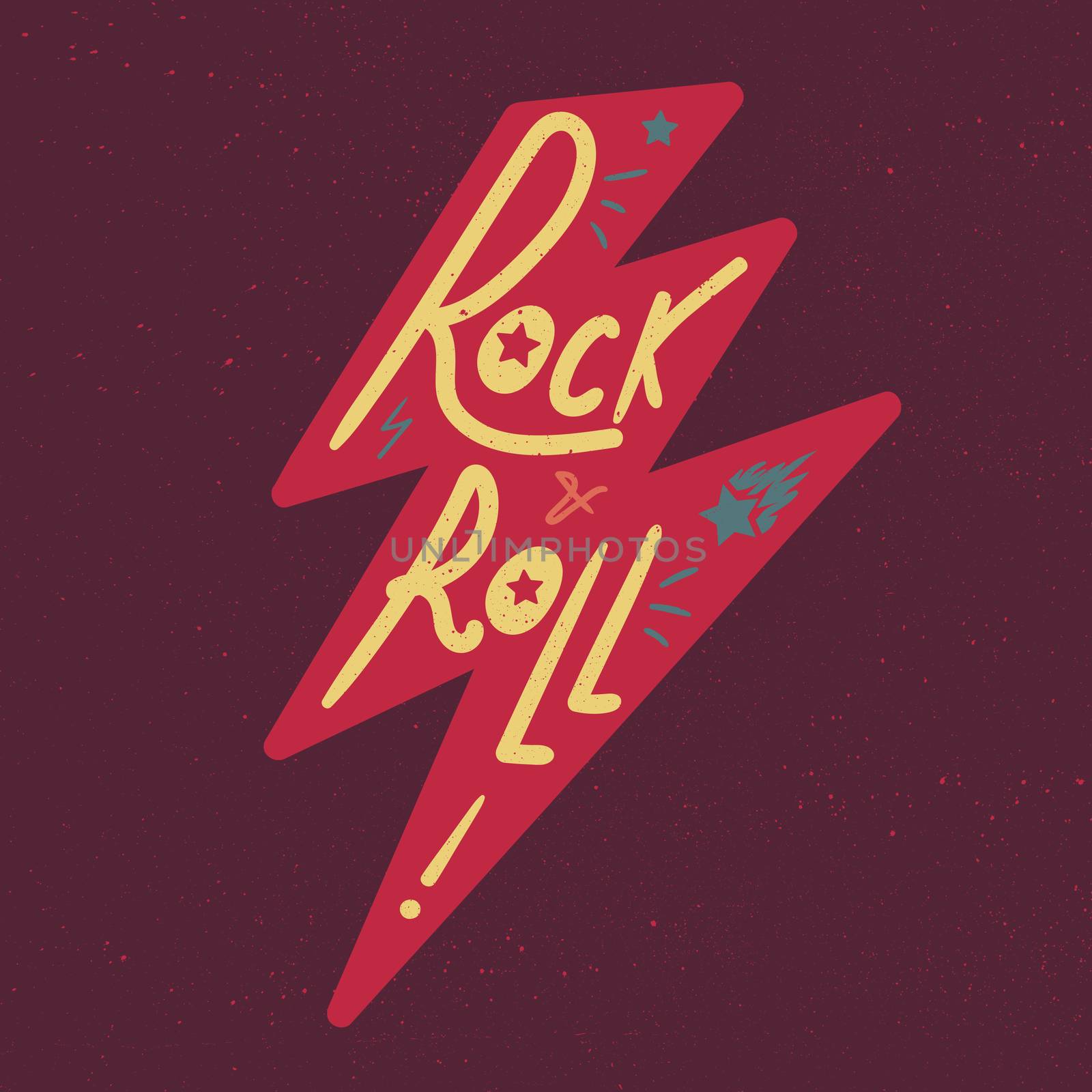 Rock and Roll Lettering for t-shirt, sticker, print, fabric, cloth. Vintage hand drawn music badge. Retro hipster musical sound emblem for card, concert flyer, fest, postcard, label, poster. Vector
