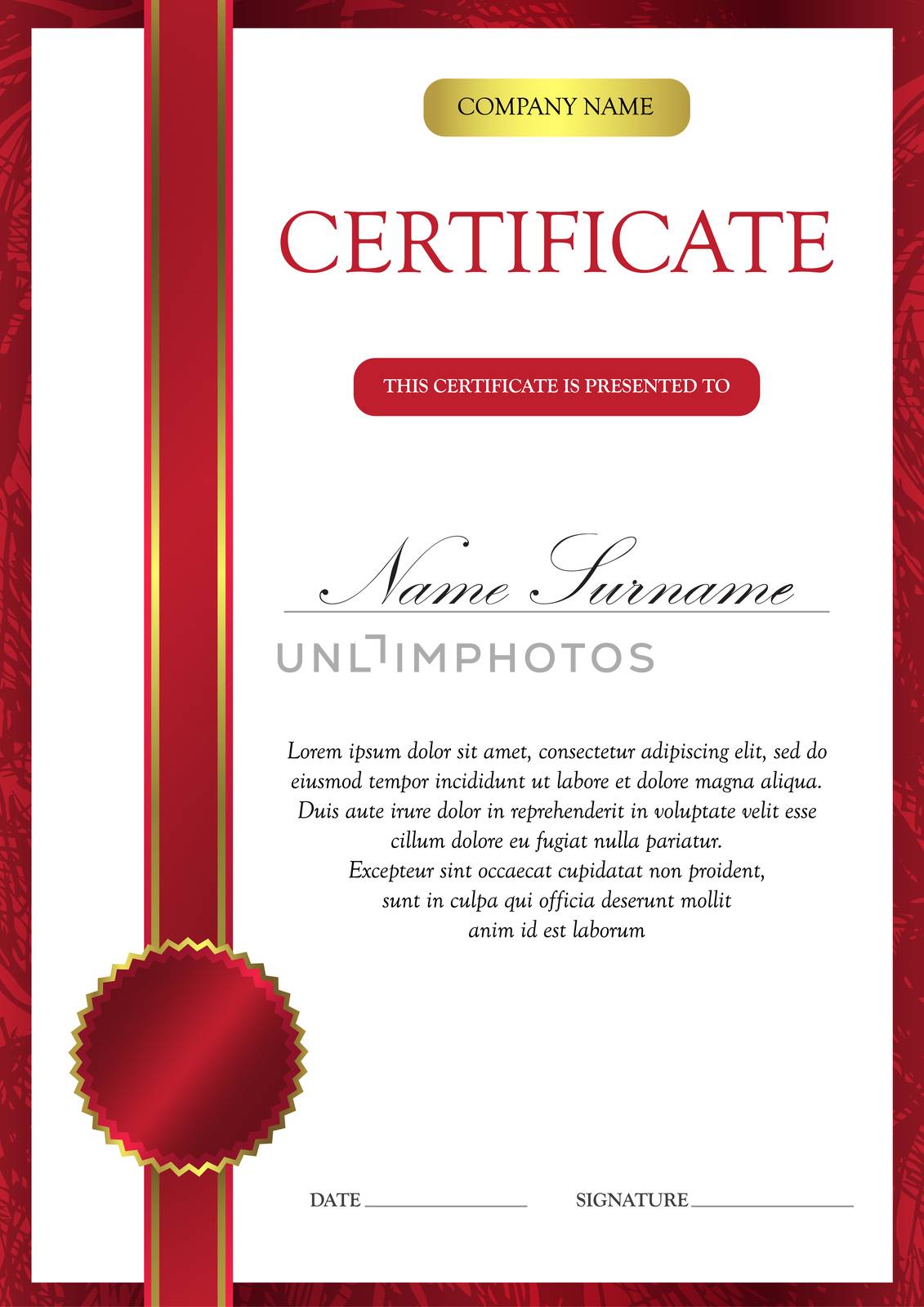 Vertical red certificate and diploma template with vintage, floral, filigree and cute pattern for winner for achievement. Blank of award coupon. Vector