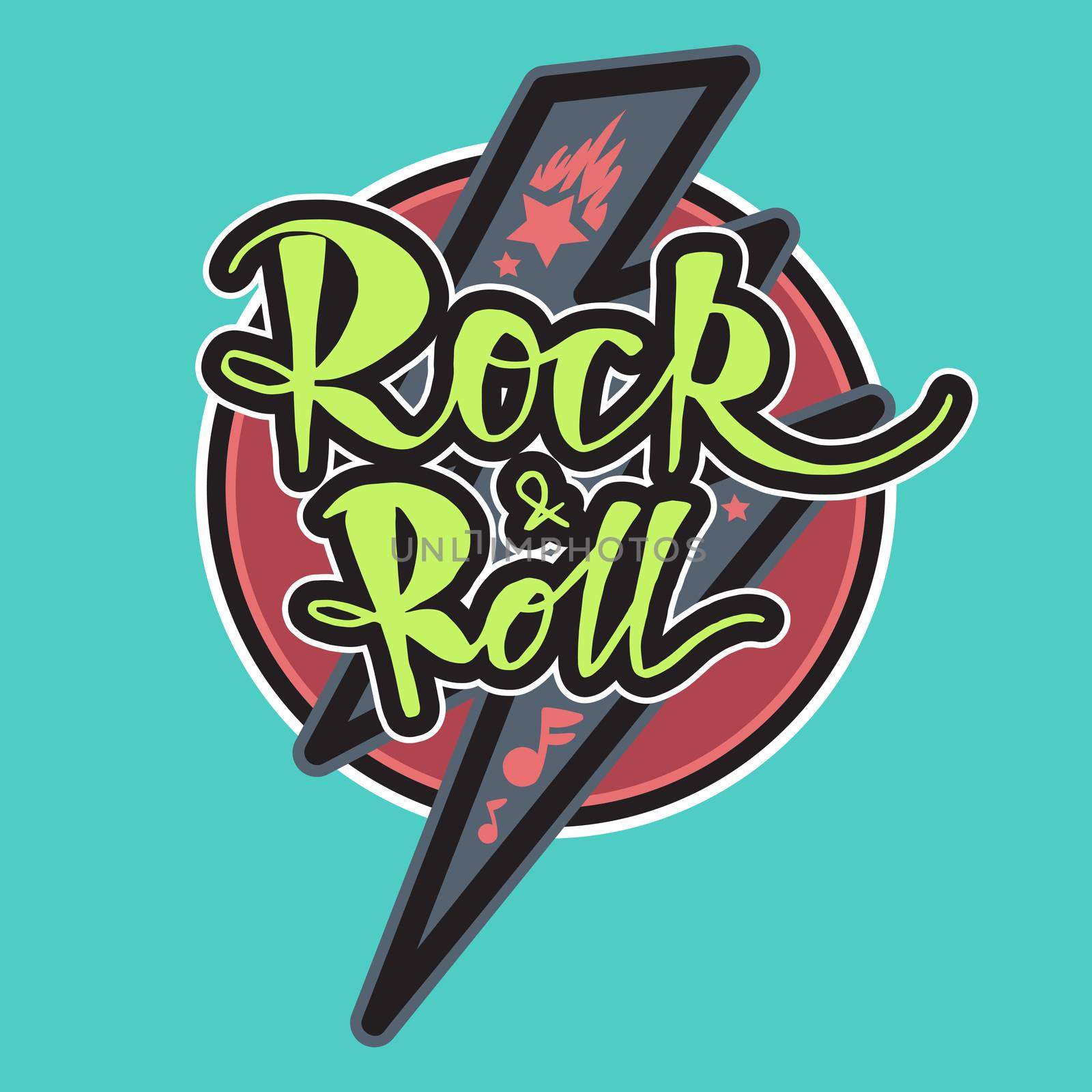 Rock and Roll Lettering for t-shirt, sticker, print, fabric, cloth. Vintage hand drawn music badge. Retro hipster musical sound emblem for card, concert flyer, fest, postcard, label, poster. Vector