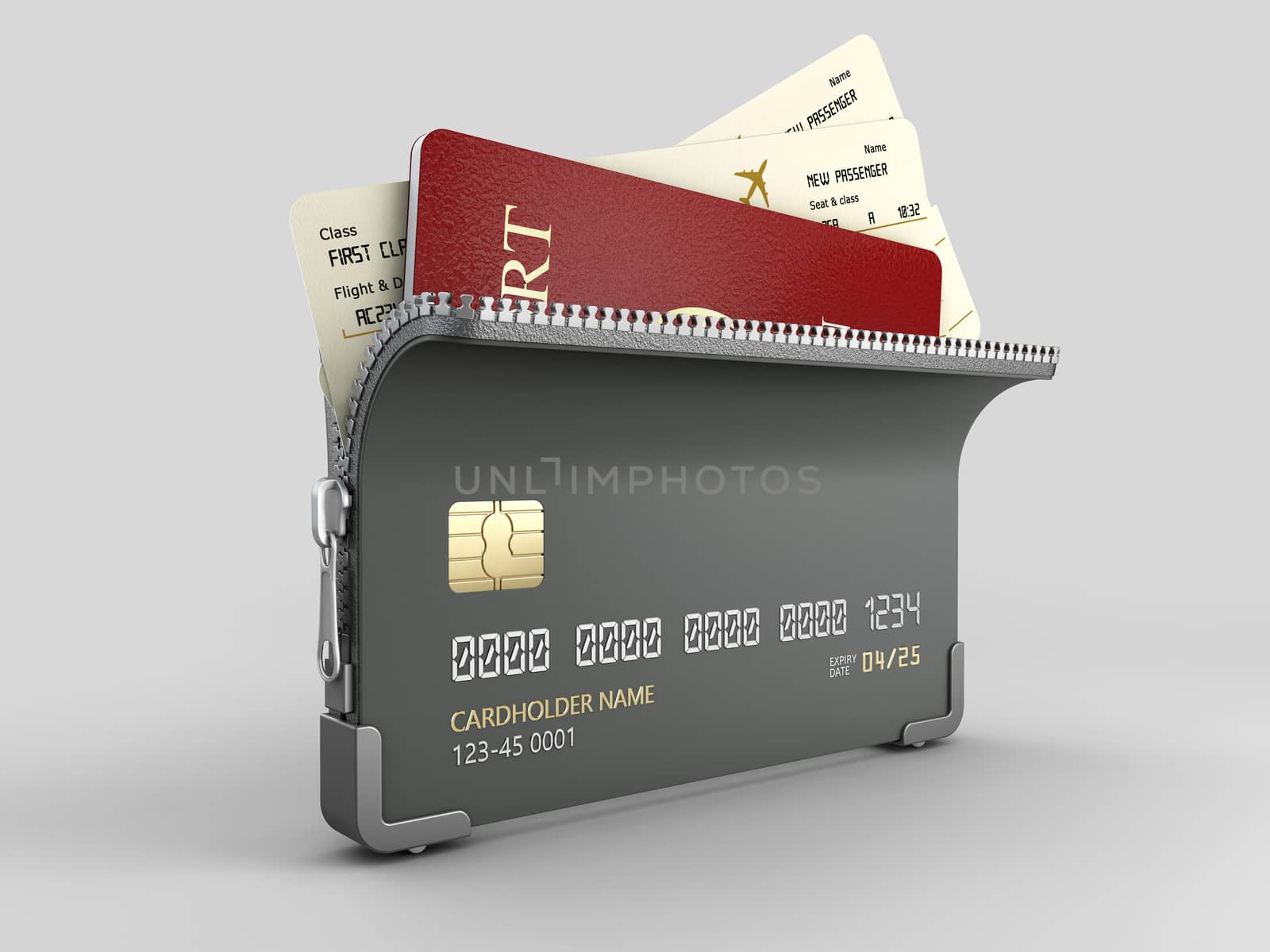 3d Rendering of Credit card with zipper and passport with tickets inside, clipping path included.