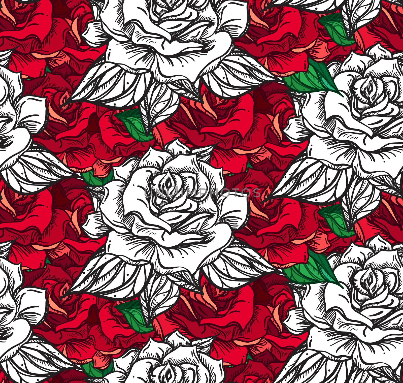 Hand Drawn Wedding Rose Seamless Pattern. Flower Template for wedding, holiday, celebration. Rose for print, tattoo and digital art. Vector