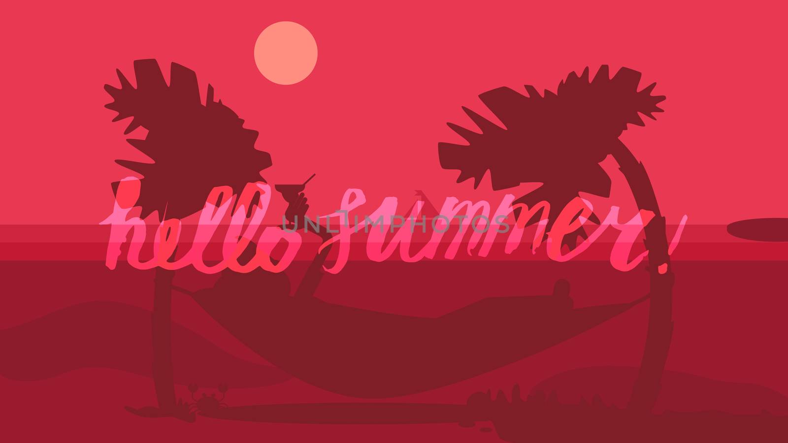 Hello Summer Lettering by brush. Typographic vacation and travel watercolor tropical poster with sunset bright background and palm exotic island. Sunset. Vector