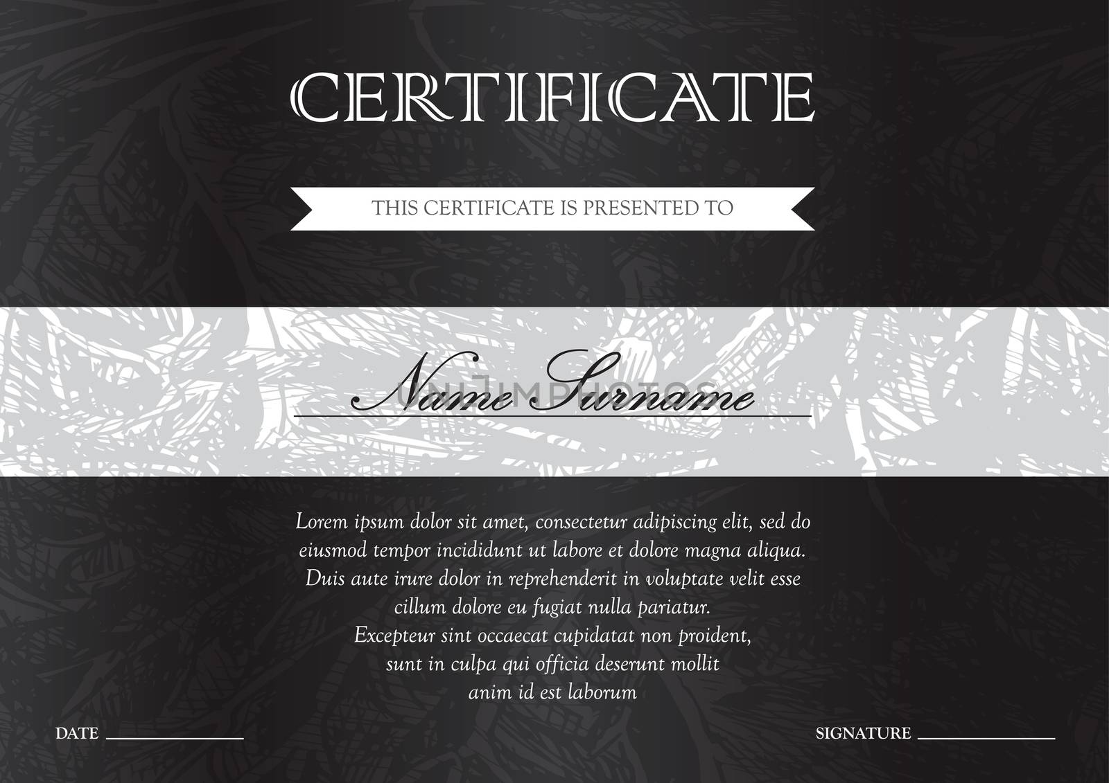 Horizontal black dark certificate and diploma template with vintage, floral, filigree and cute pattern for winner for achievement. Blank of award coupon. Vector