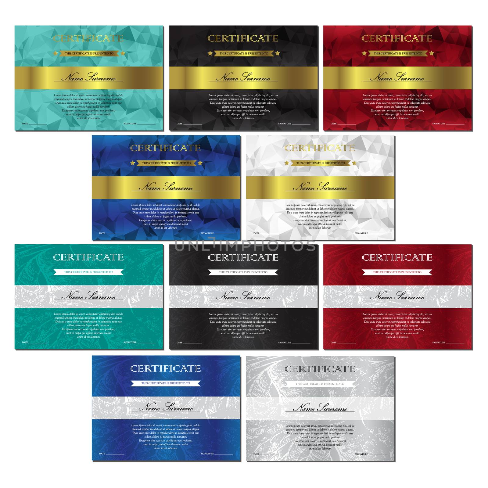 Vertical red, white, black, turquoise and blue certificate and diploma templates set with vintage, floral pattern and polygonal pattern for winner for achievement. Blank of award coupon. Vector