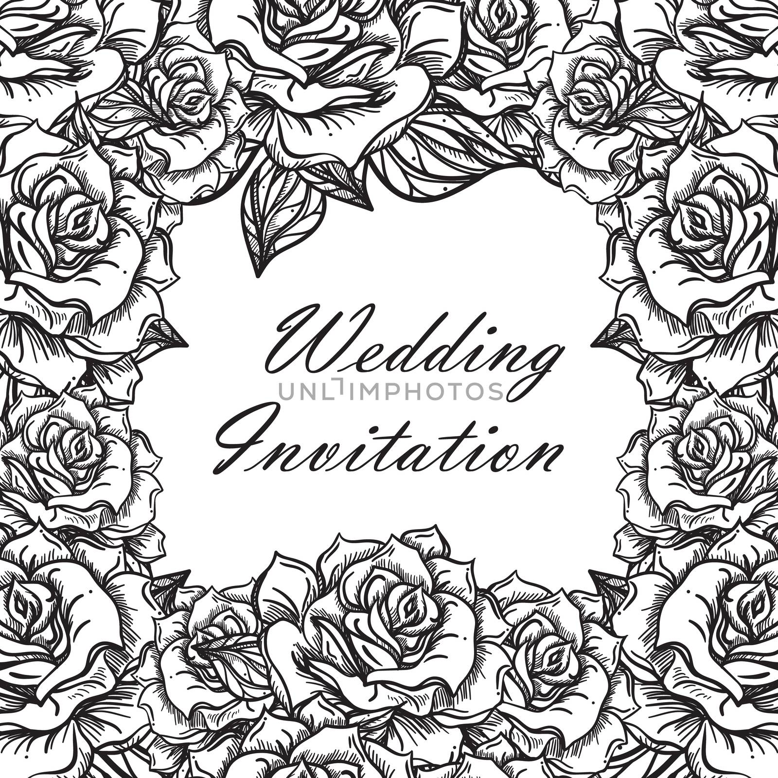 Hand Drawn Wedding Rose Frame. Flower Template for wedding, holiday, celebration. Rose for print, tattoo and digital art. Vector