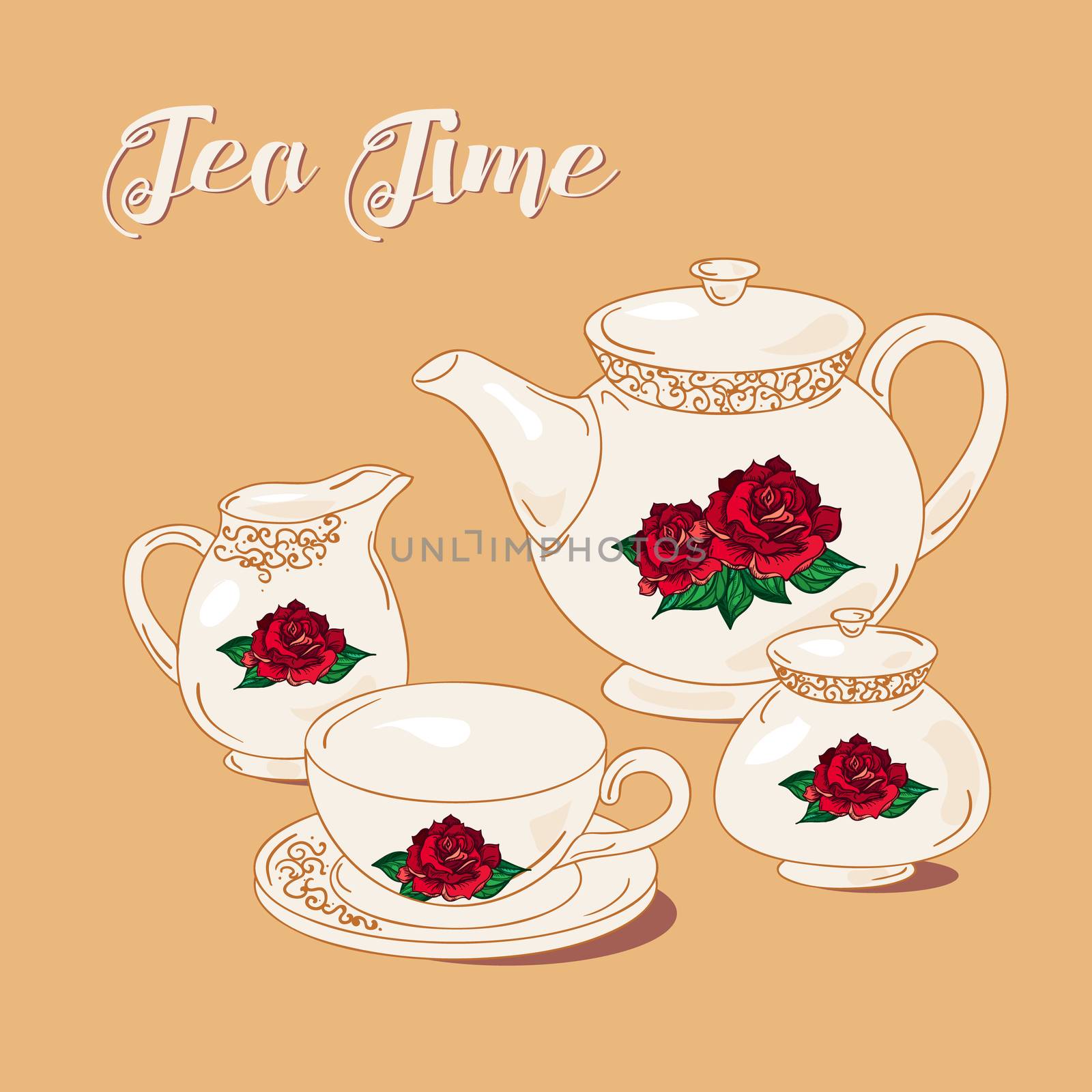 Tea Time and Tea Set in vintage style. Traditional english tea with floral dishware from rose. Vector