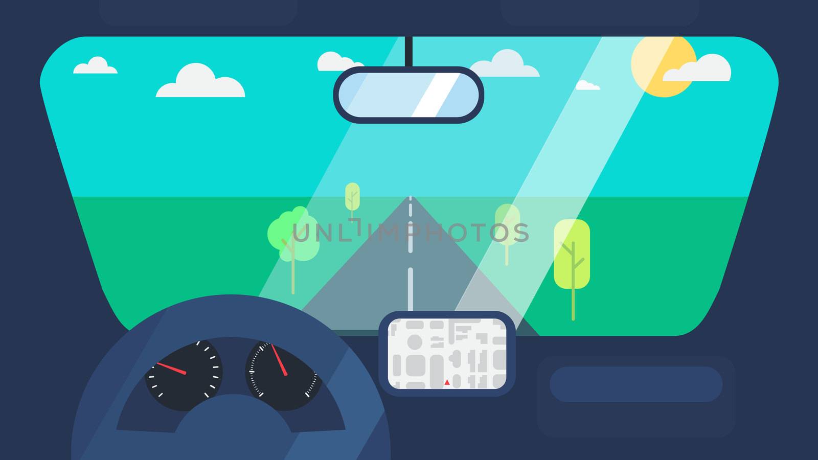 Inside car interior with wheel, speedometer, gps navigator. Vehicle background with view of road in window. Vector