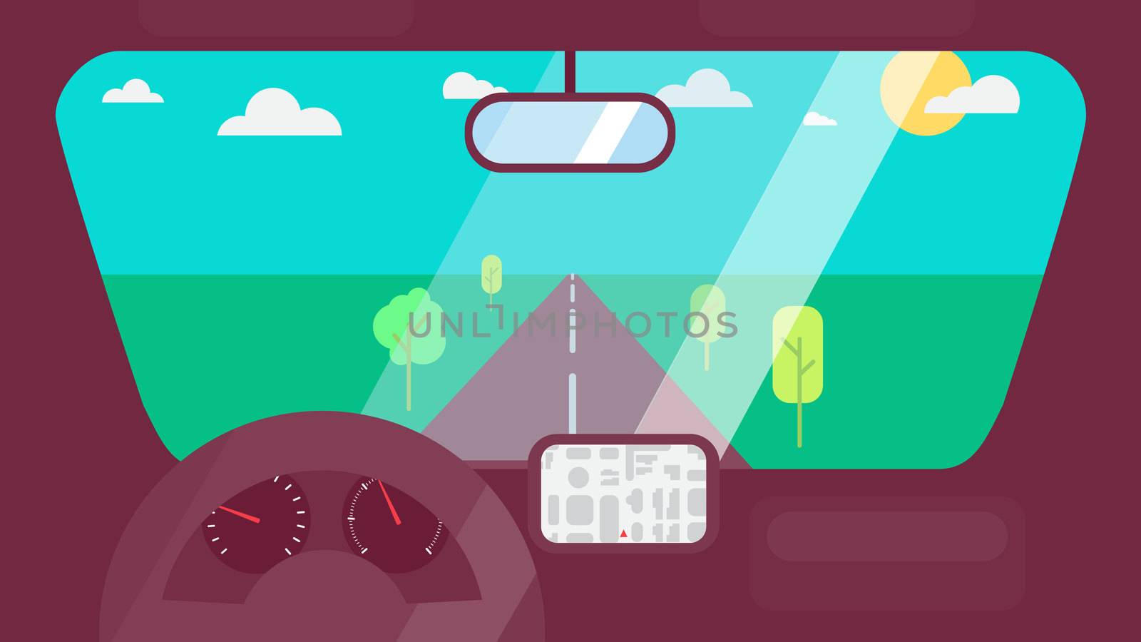 Inside car interior with wheel, speedometer, gps navigator. Vehicle background with view of road in window. Vector