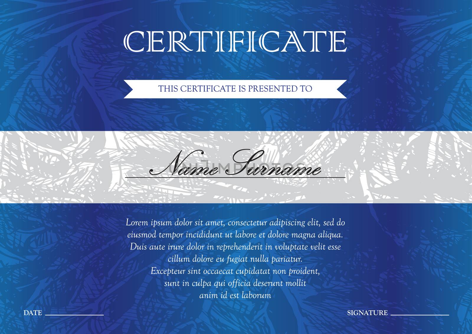 Horizontal blue certificate and diploma template with vintage, floral, filigree and cute pattern for winner for achievement. Blank of award coupon. Vector