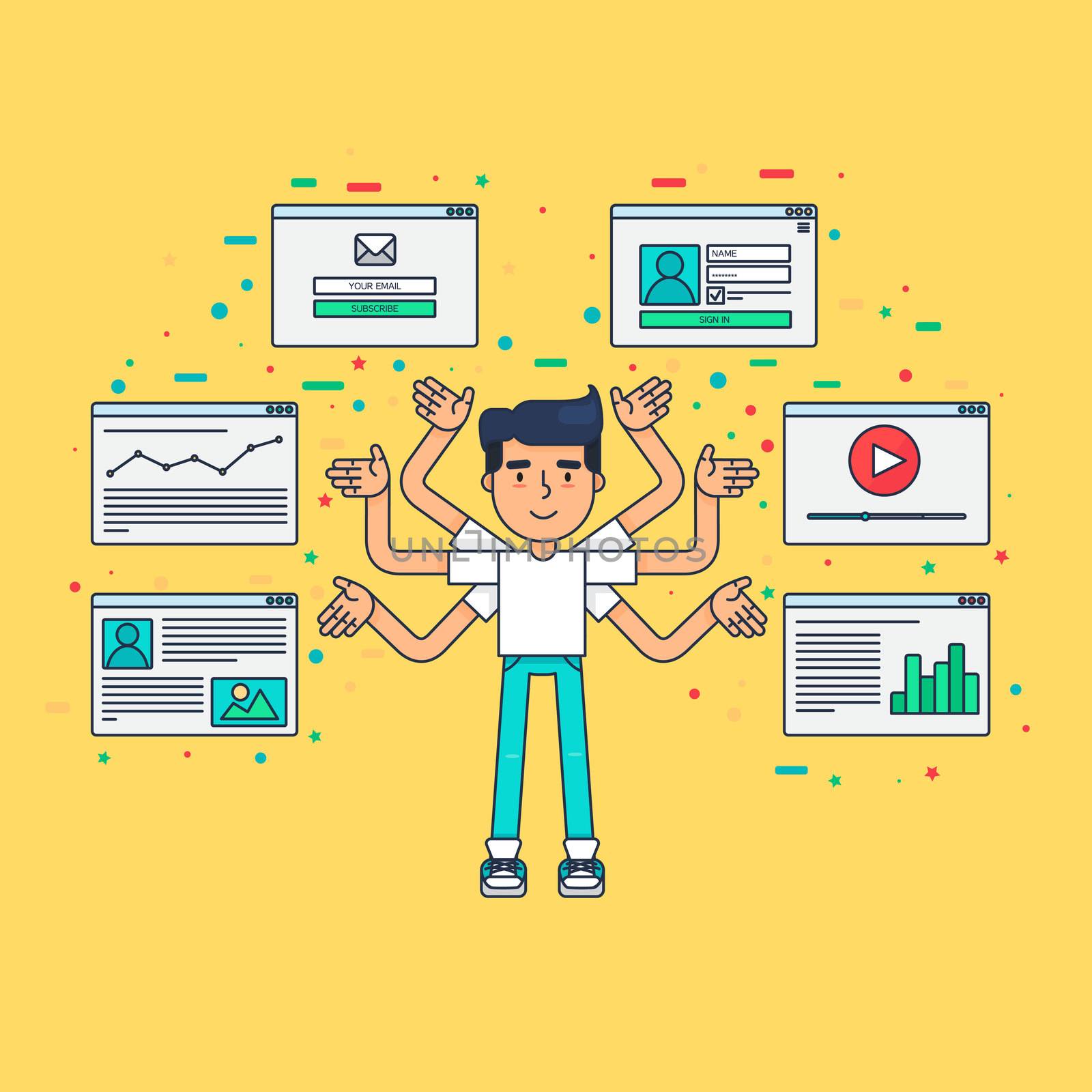 Web Life of Developer, Programmer, System Administrator or Designer from video, blog, social networks, online shopping and email. Graphic user interface and web pages forms and elements. Vector