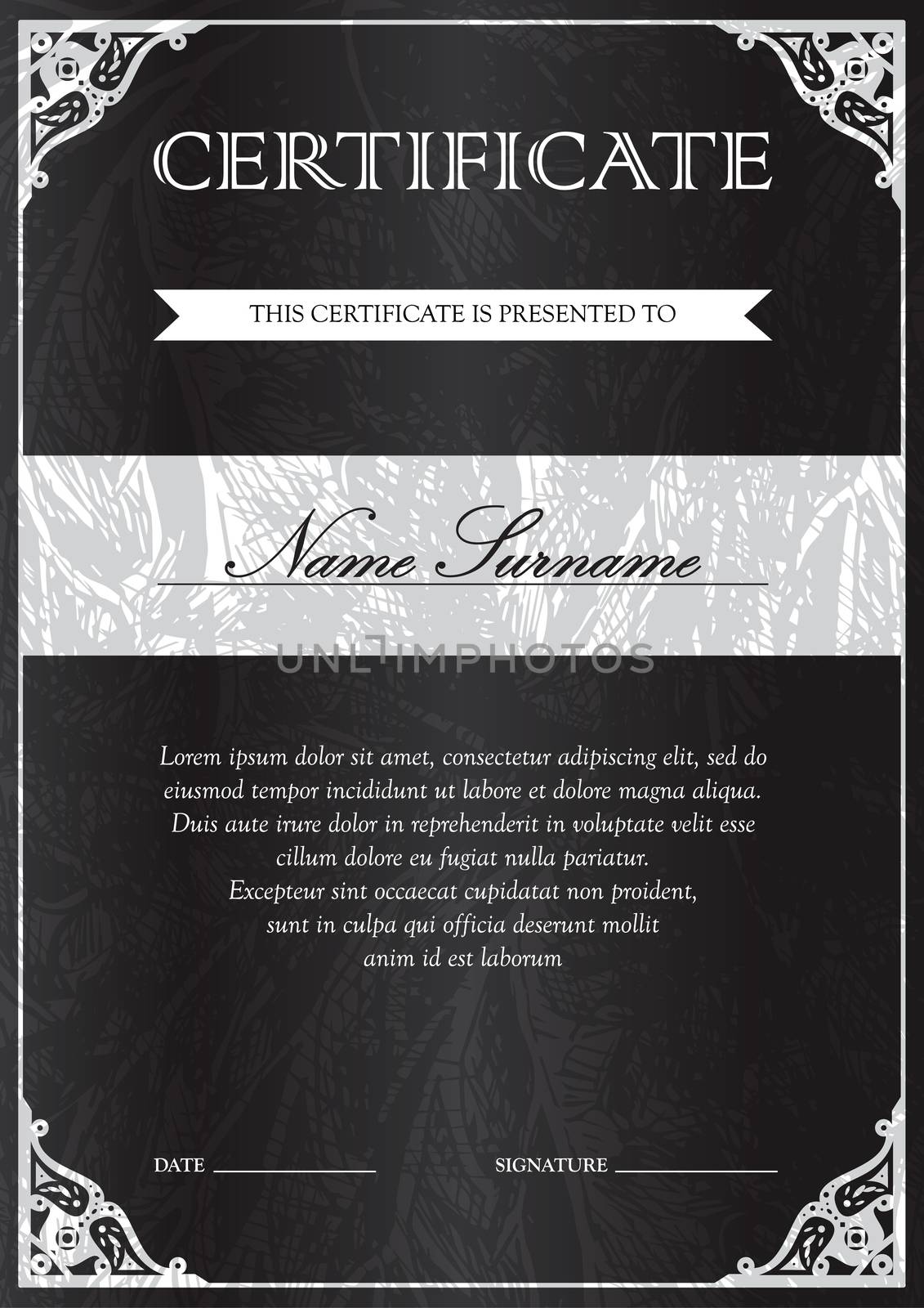 Vertical black certificate and diploma template with vintage, floral, filigree and cute pattern for winner for achievement. Blank of award coupon. Vector