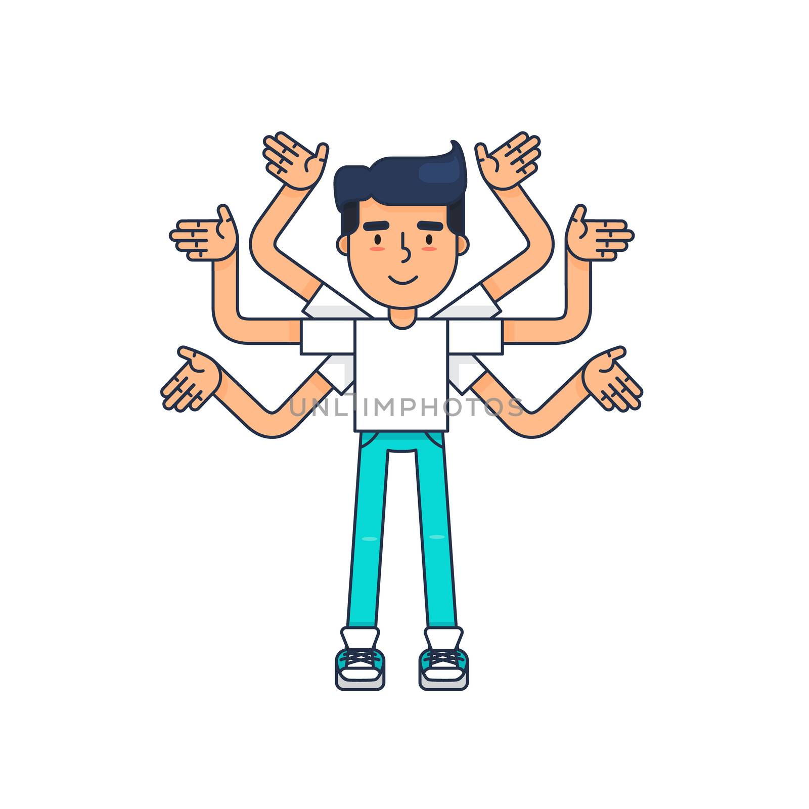 Web UI UX Designer. Creative employee with many hands is working on application, programming, website development. Vector