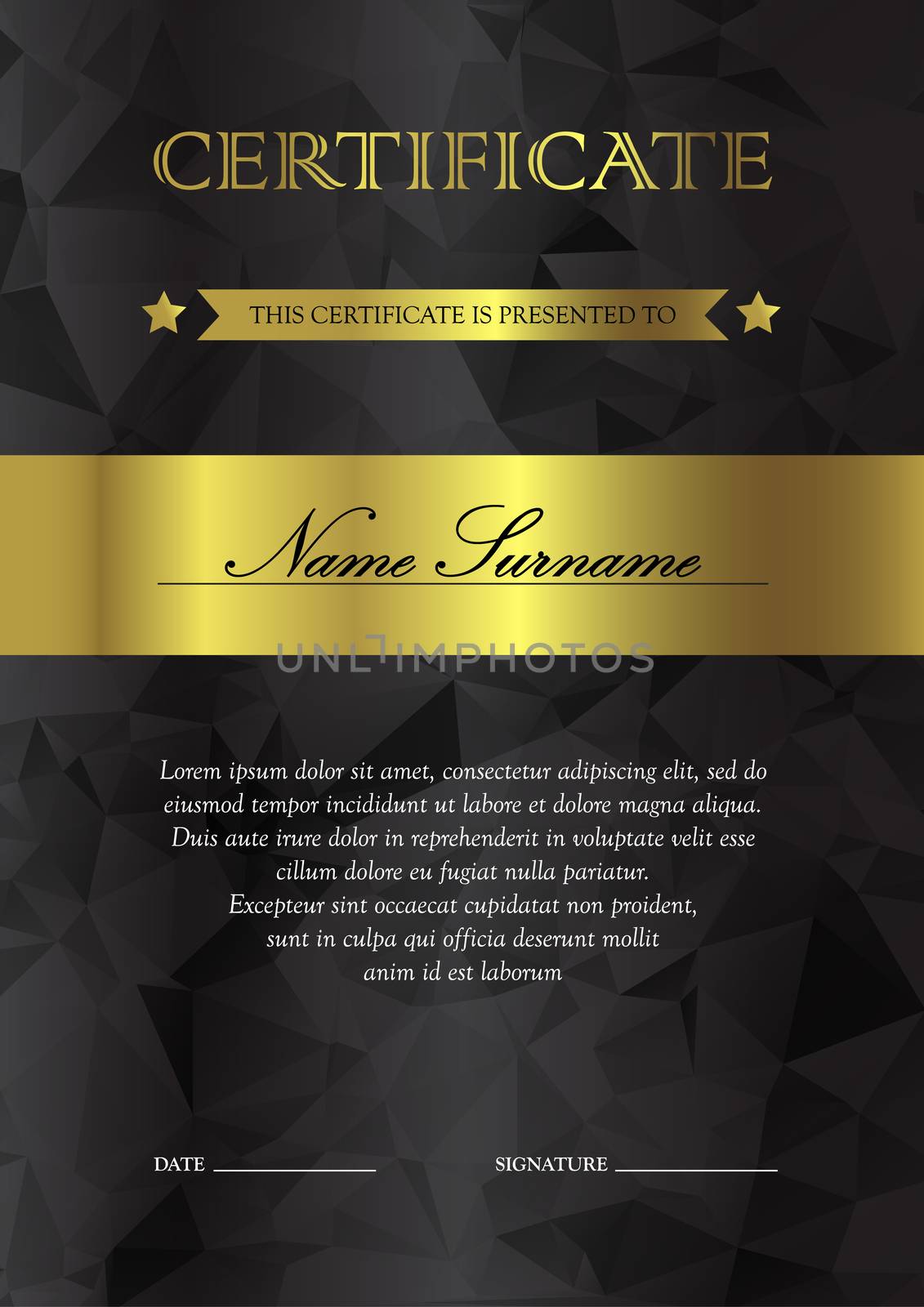 Vertical black and gold certificate and diploma template with vintage, floral, filigree and cute pattern for winner for achievement. Blank of award coupon. Vector