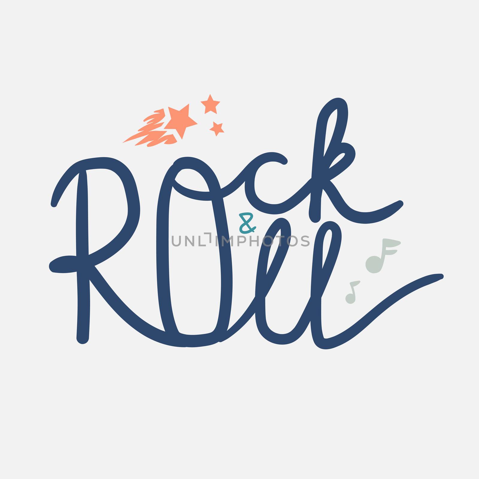 Rock and Roll Lettering for t-shirt, sticker, print, fabric, cloth. Vintage hand drawn music badge. Retro hipster musical sound emblem for card, concert flyer, fest, postcard, label, poster. Vector