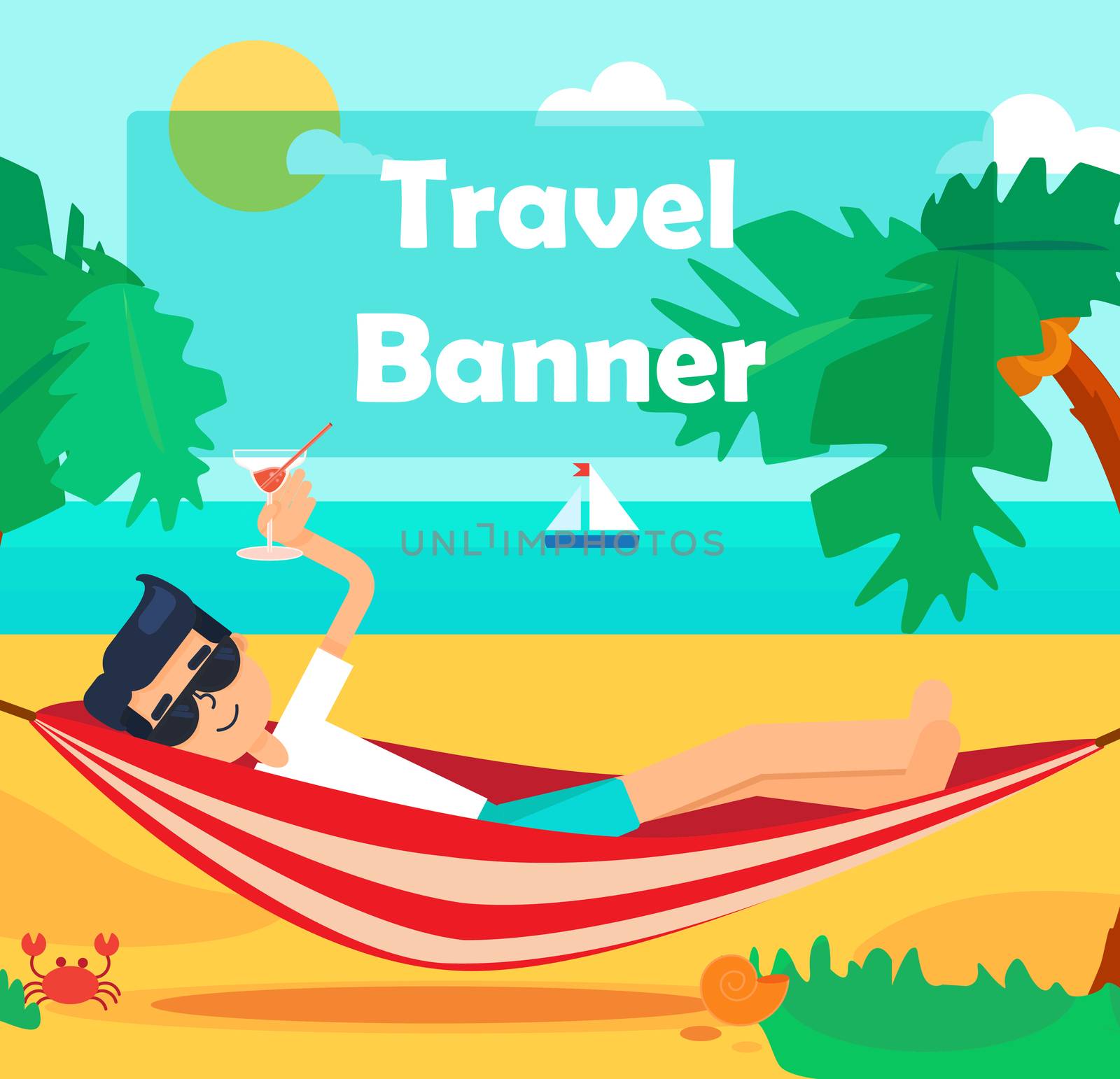 Hello Summer Concept with tourist drinking cocktail in hammock on palm beach. Vacation and travel tropical poster with sun and exotic island. Vector