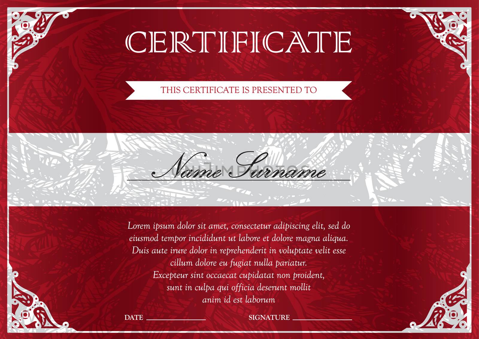 Horizontal red certificate and diploma template with vintage, floral, filigree and cute pattern for winner for achievement. Blank of award coupon. Vector