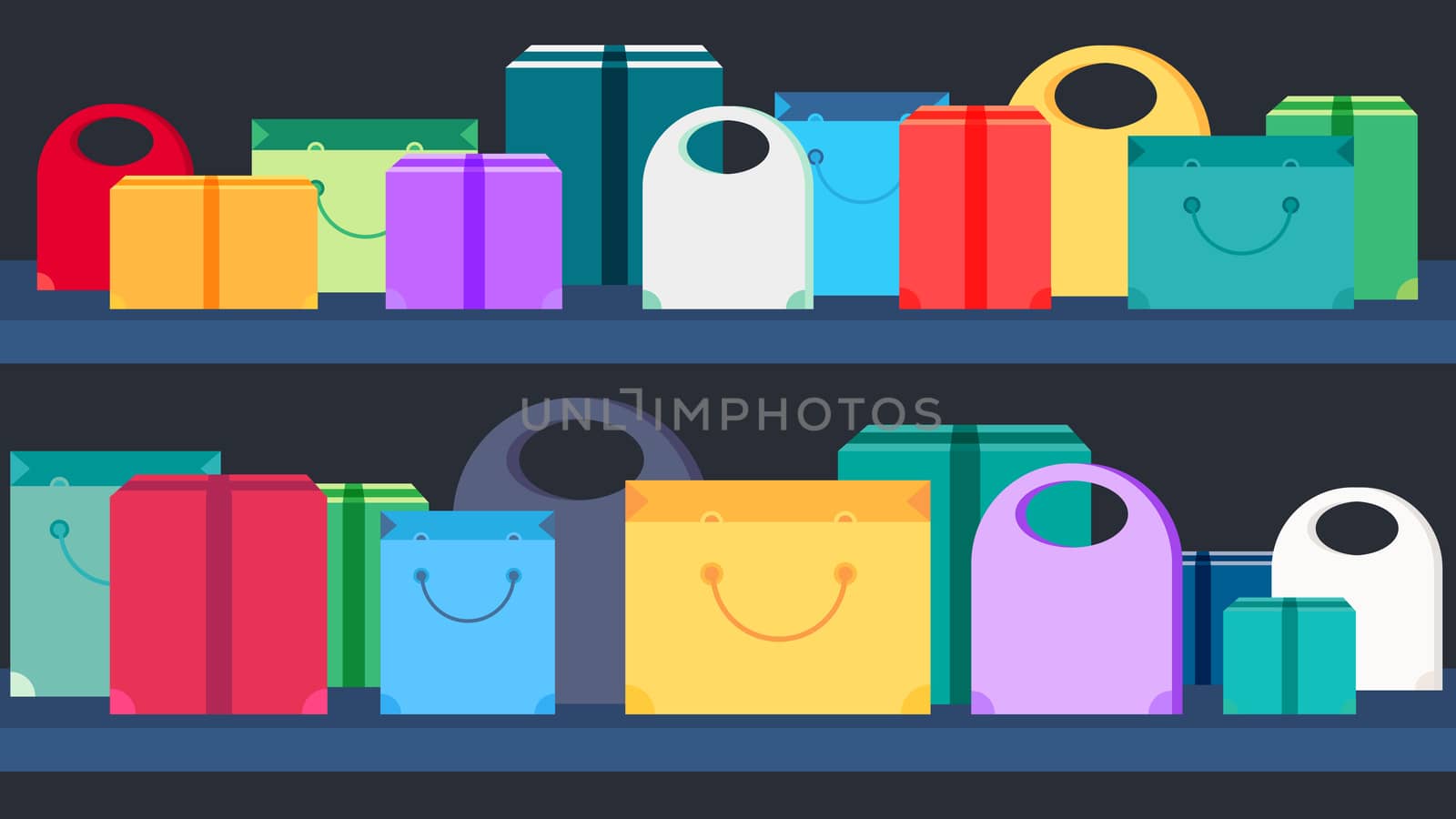 Shop Concept from Shopping Bags, Boxes and Packages with products. Sale Banner. Shelves store with offer for print, flyer, sticker, poster. Vector