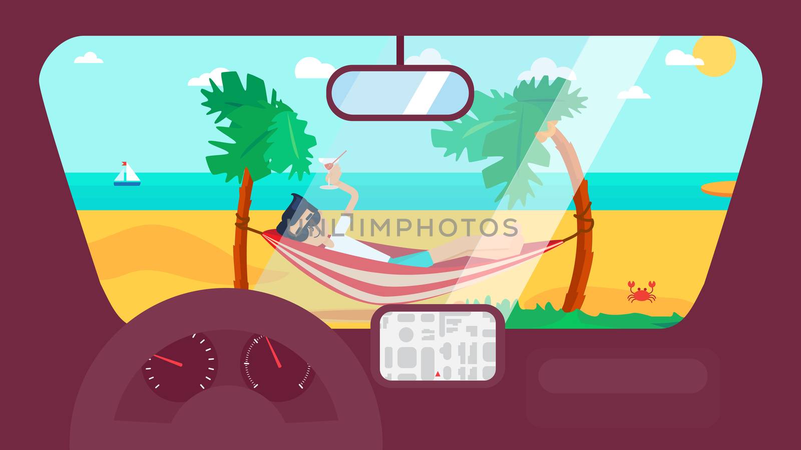 Hello Summer Concept on palm beach from inside car interior with wheel, speedometer, gps navigator. Vacation travel tropical poster with sun exotic island. Vector