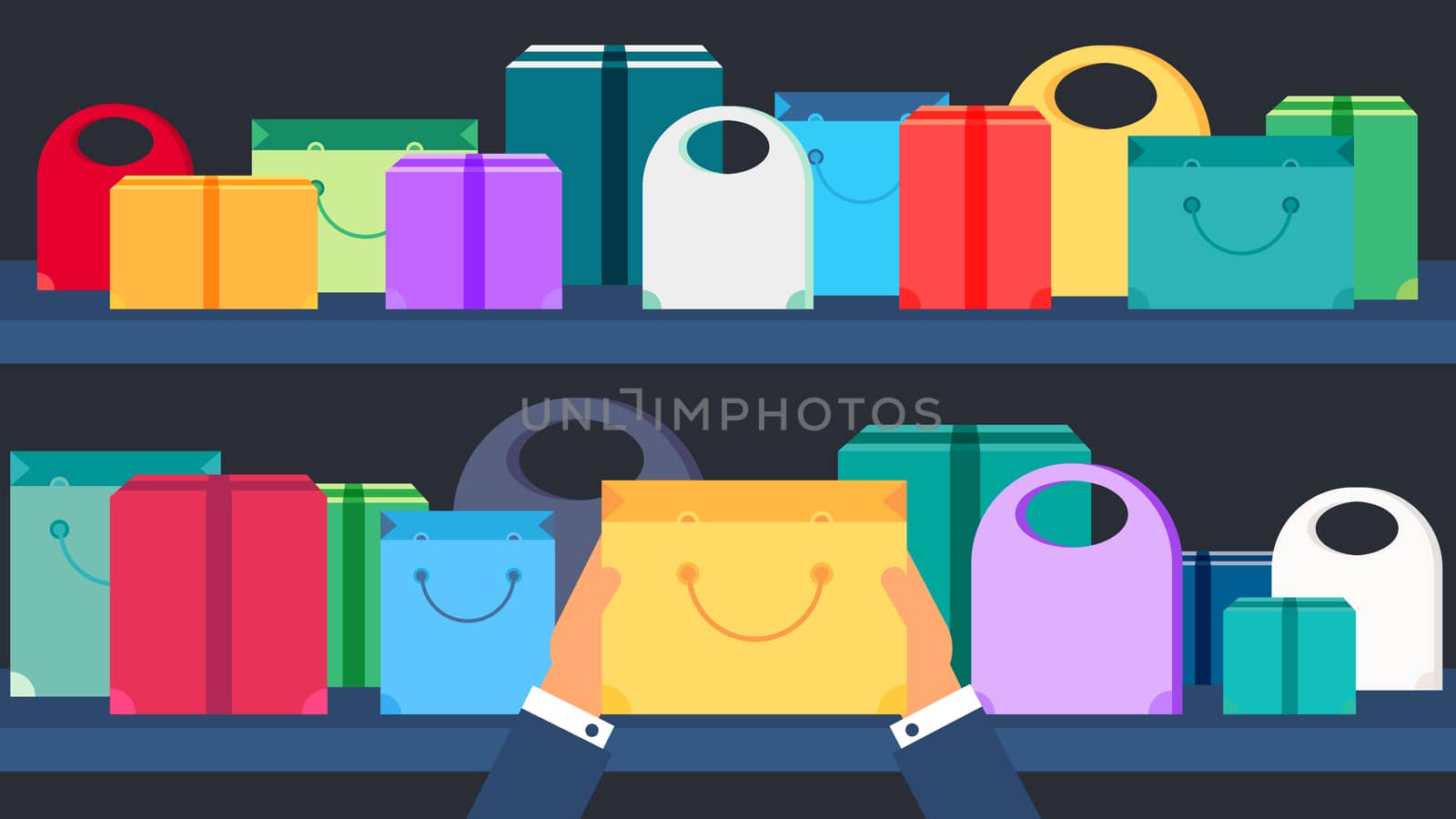 Shop Concept from Shopping Bags, Boxes and Packages with products. Sale Banner. Shelves store with offer for print, flyer, sticker, poster. Vector