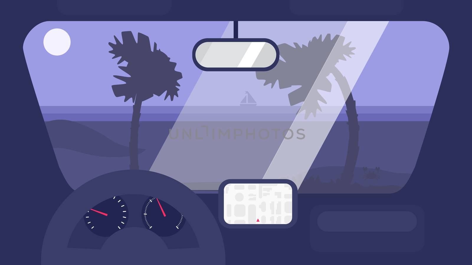 Hello Summer Concept on palm beach from inside car interior with wheel, speedometer, gps navigator. Vacation travel tropical poster with sun exotic island. Vector