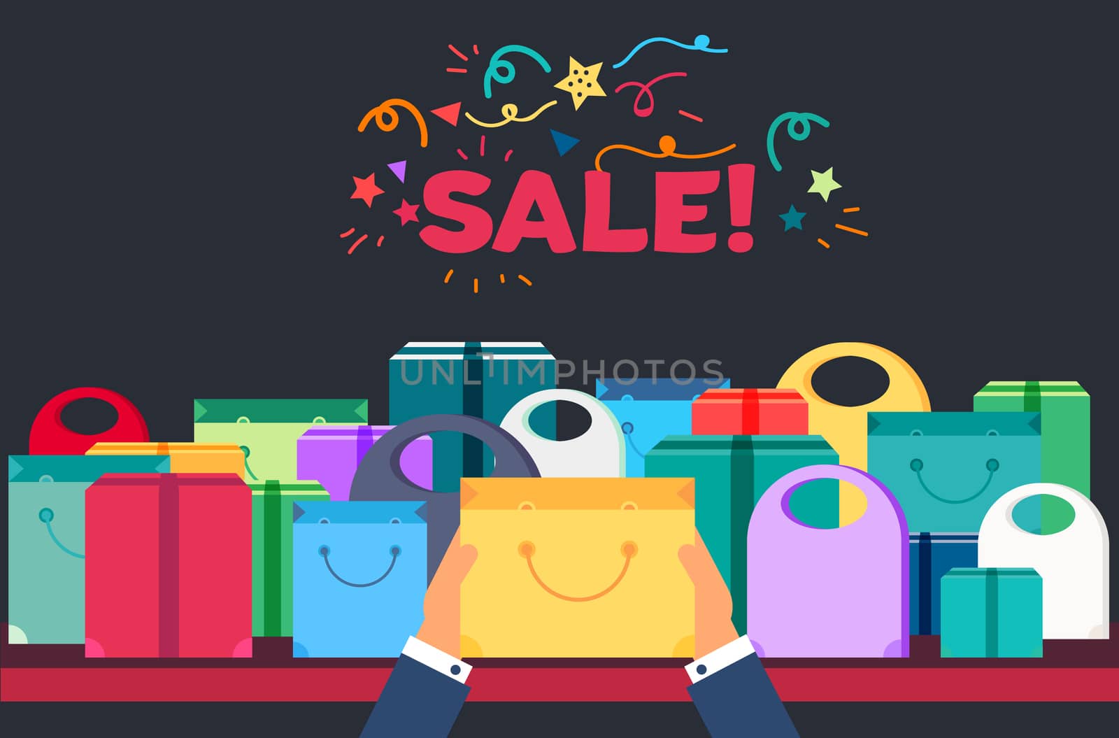 Shop Concept from Shopping Bags, Boxes and Packages with products. Sale Banner. Shelves store with offer for print, flyer, sticker, poster. Vector