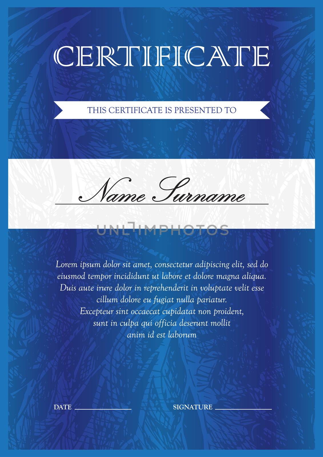 Vertical blue certificate and diploma template with vintage, floral, filigree and cute pattern for winner for achievement. Blank of award coupon. Vector