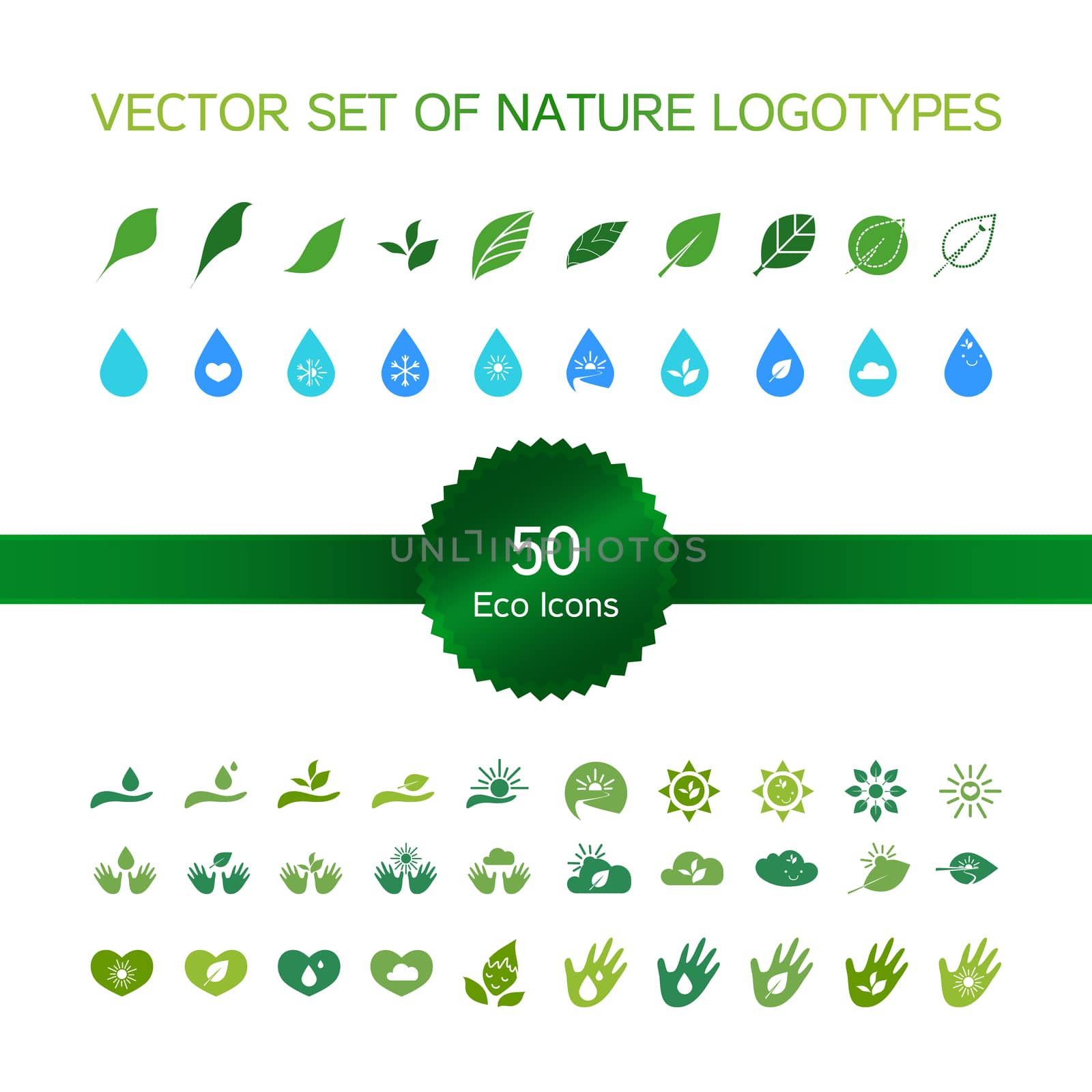 Set of 50 ecology icons, nature logo, biology symbols from leaves and hand, sun and snow, drop and heart. Vector