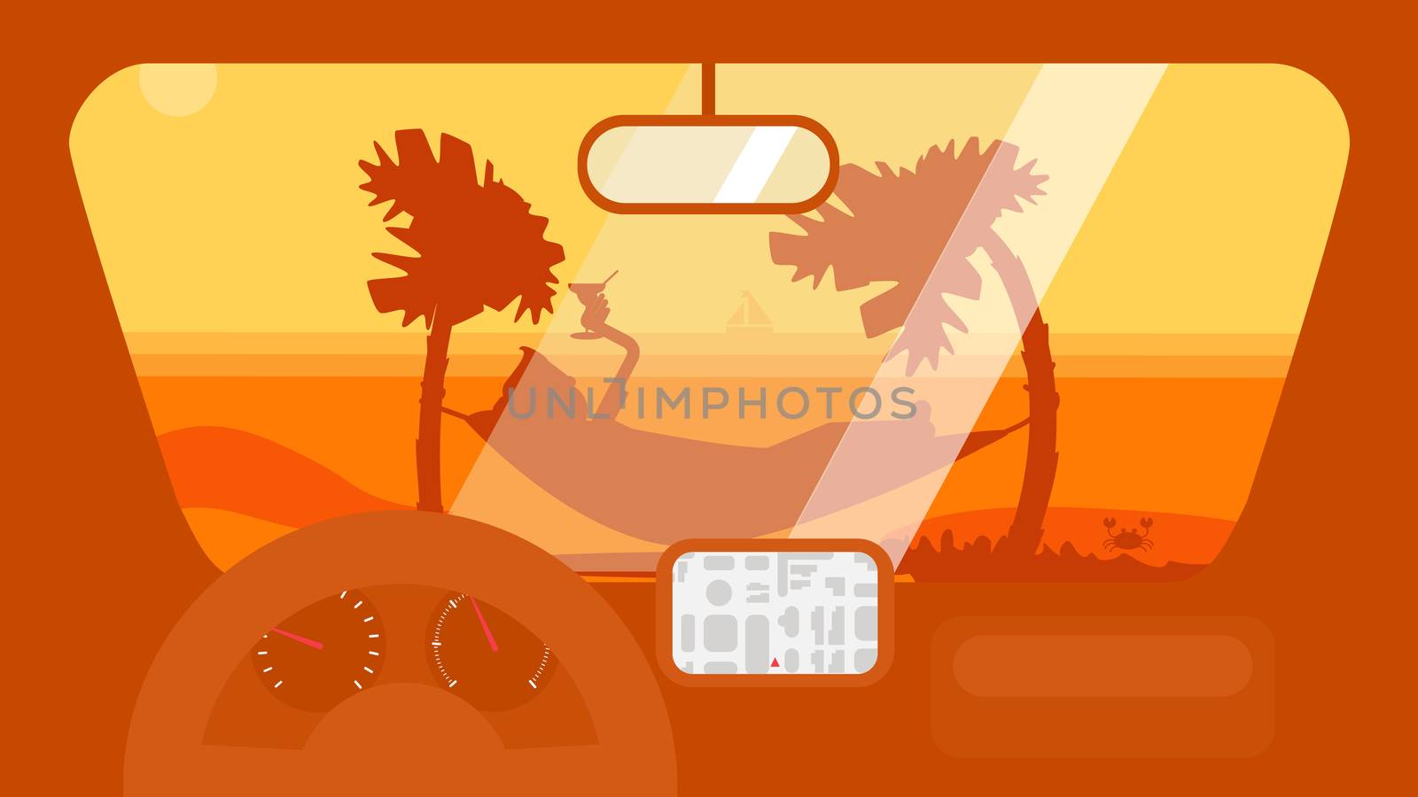 Hello Summer Concept on palm beach from inside car interior with wheel, speedometer, gps navigator. Vacation travel tropical poster with sun exotic island. Vector