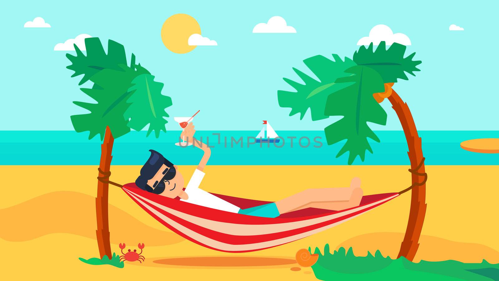 Hello Summer Concept with tourist drinking cocktail in hammock on palm beach. Vacation and travel tropical poster with sun and exotic island. Vector