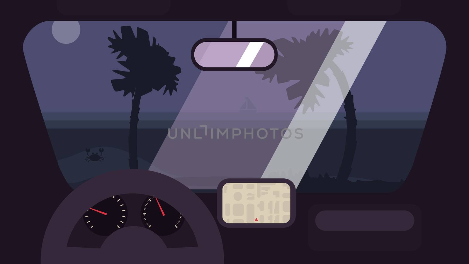 Hello Summer Concept on palm beach from inside car interior with wheel, speedometer, gps navigator. Vacation travel tropical poster with sun exotic island. Vector