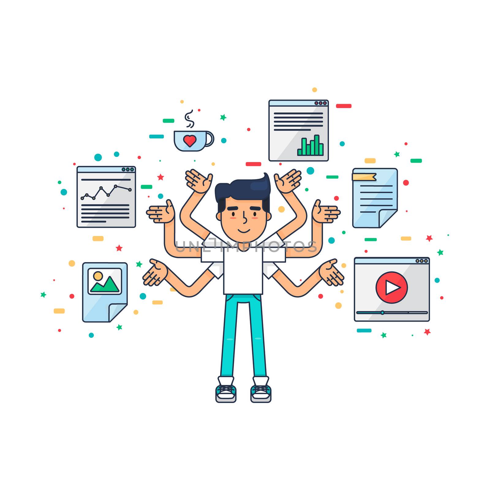 Web UI UX Designer with cup,design, seo, web tools for app, page, template, document, framework. Creative employee with many hands is working on application, programming, website development. Vector