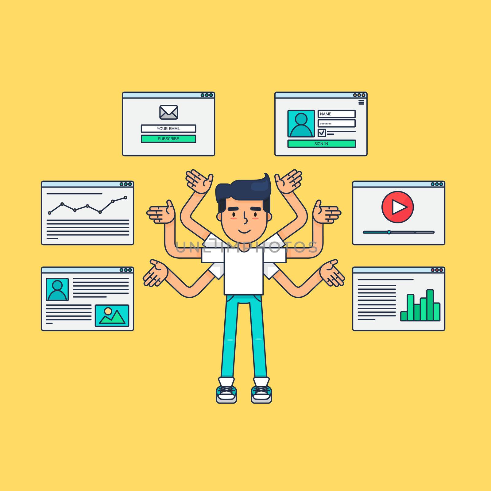 Web Life of Developer, Programmer, System Administrator or Designer from video, blog, social networks, online shopping and email. Graphic user interface and web pages forms and elements. Vector