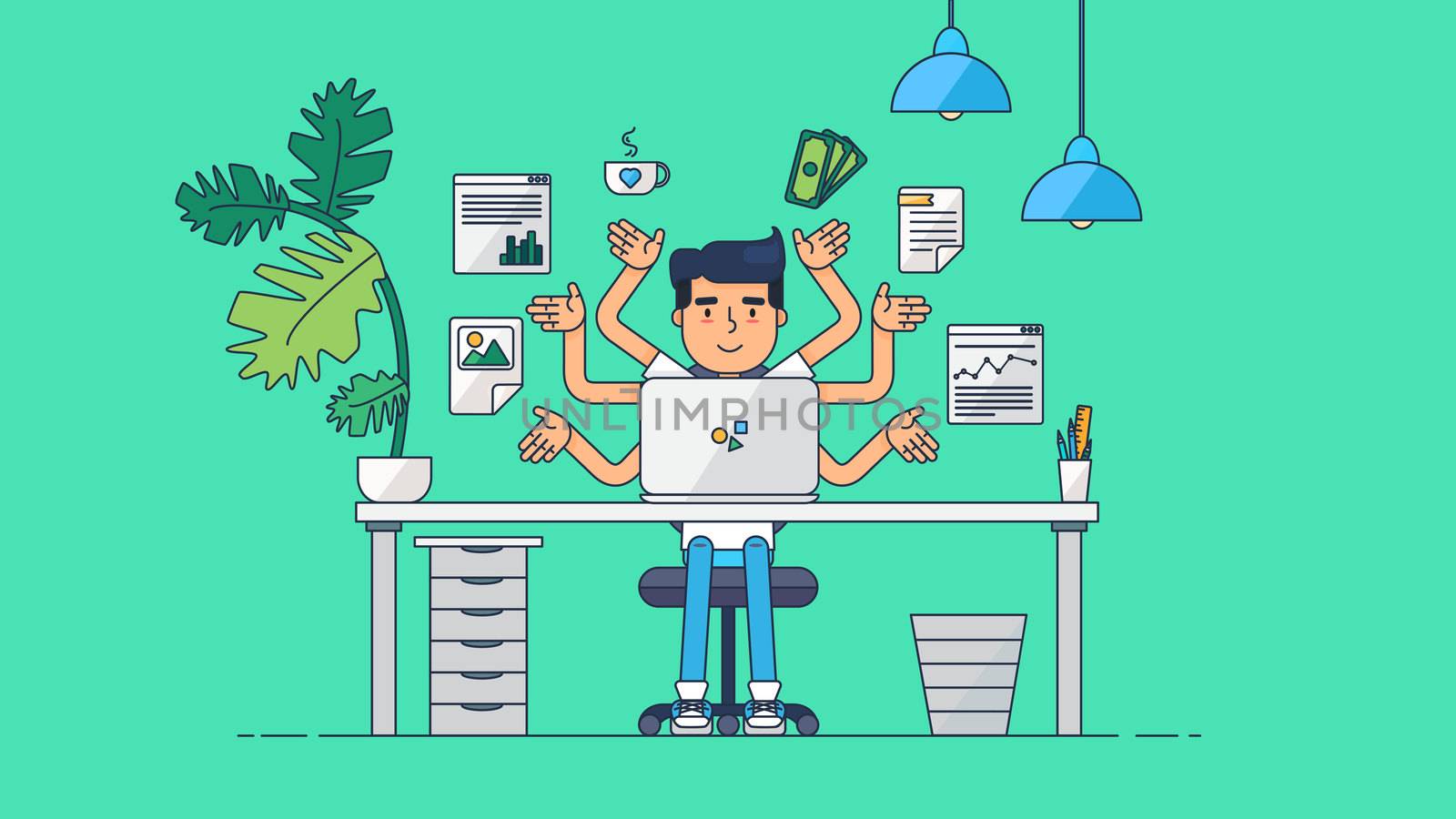 Workspace of Professional Working Developer, Programmer, System Administrator or Designer with desk, chair, notebook Business project or startup concept. Employee office workplace. Vector