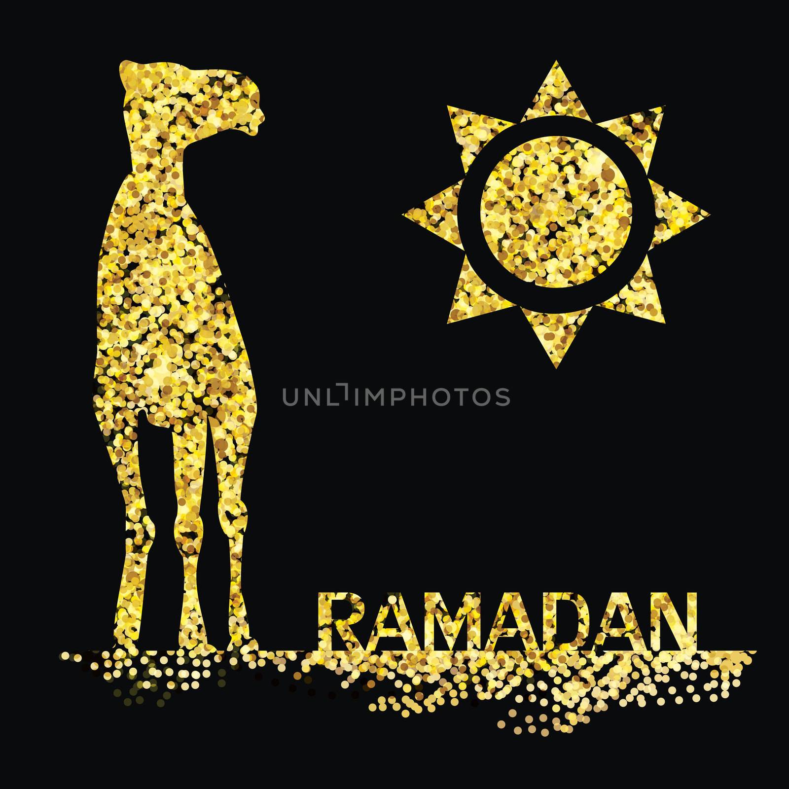 Ramadan greeting with camel, Islamic greeting card for Ramadan Kareem with gold glitters Vector