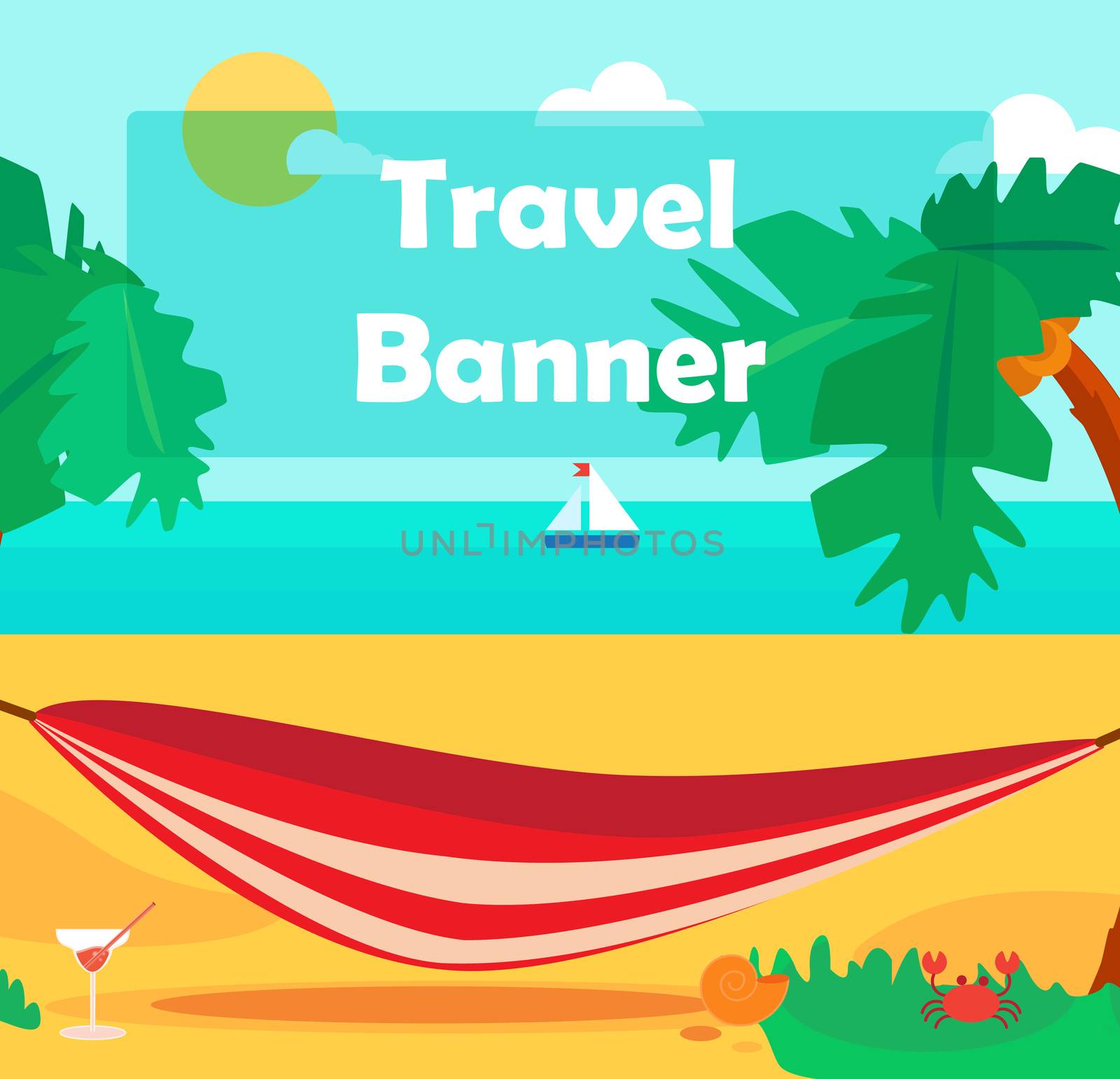 Hello Summer Concept with hammock and cocktail on palm beach. Vacation and travel tropical poster with sun and exotic island. Vector