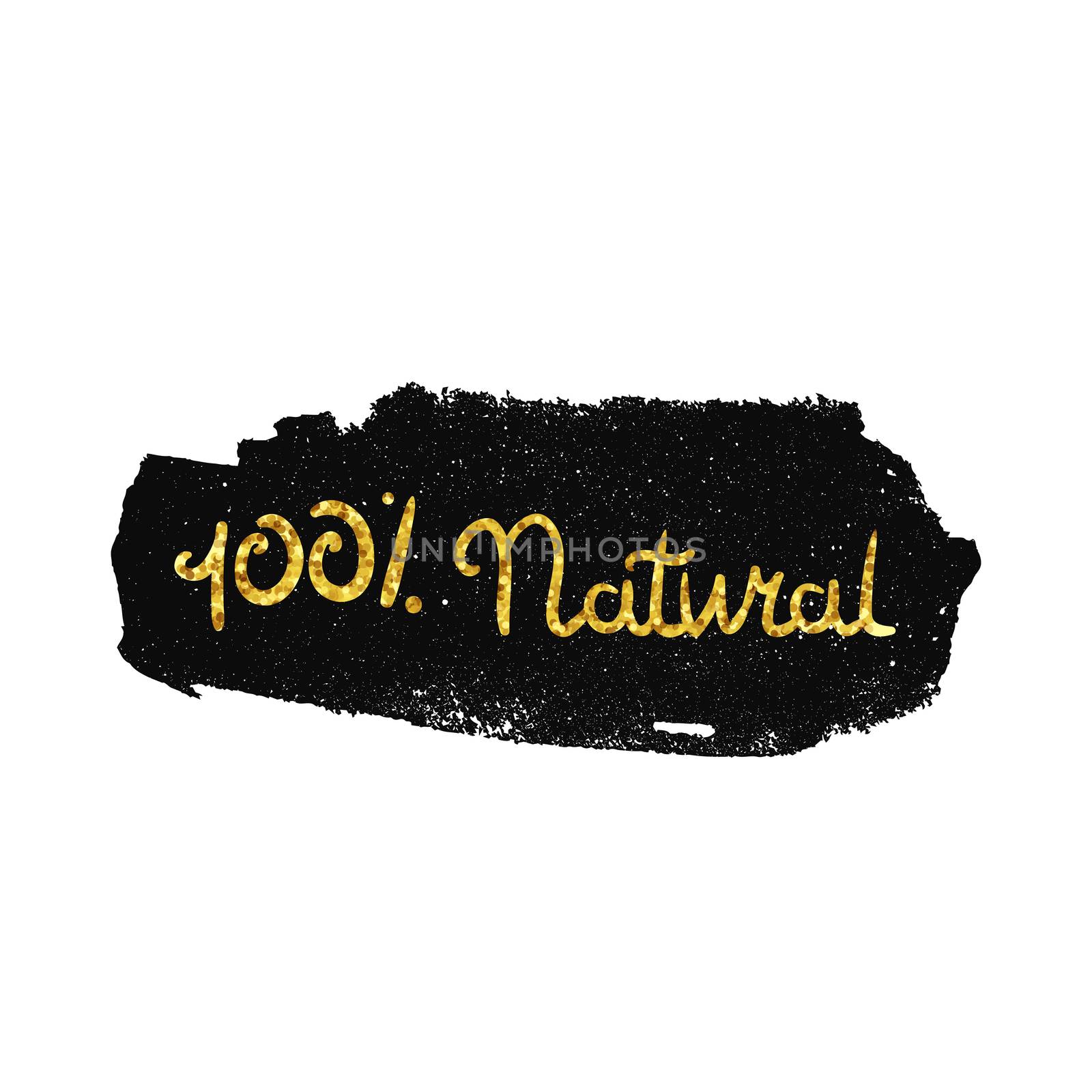 Hand drawn gold ecology and 100 percents natural lettering. Isolated grunge sticker or nature icon of quality for banner, web, card, print. Eco design. Vector