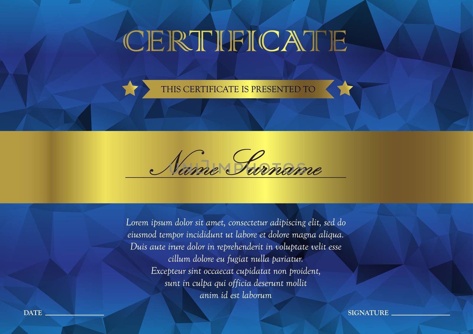 Horizontal blue and gold certificate and diploma template with vintage, floral, filigree and cute pattern for winner for achievement. Blank of award coupon. Vector