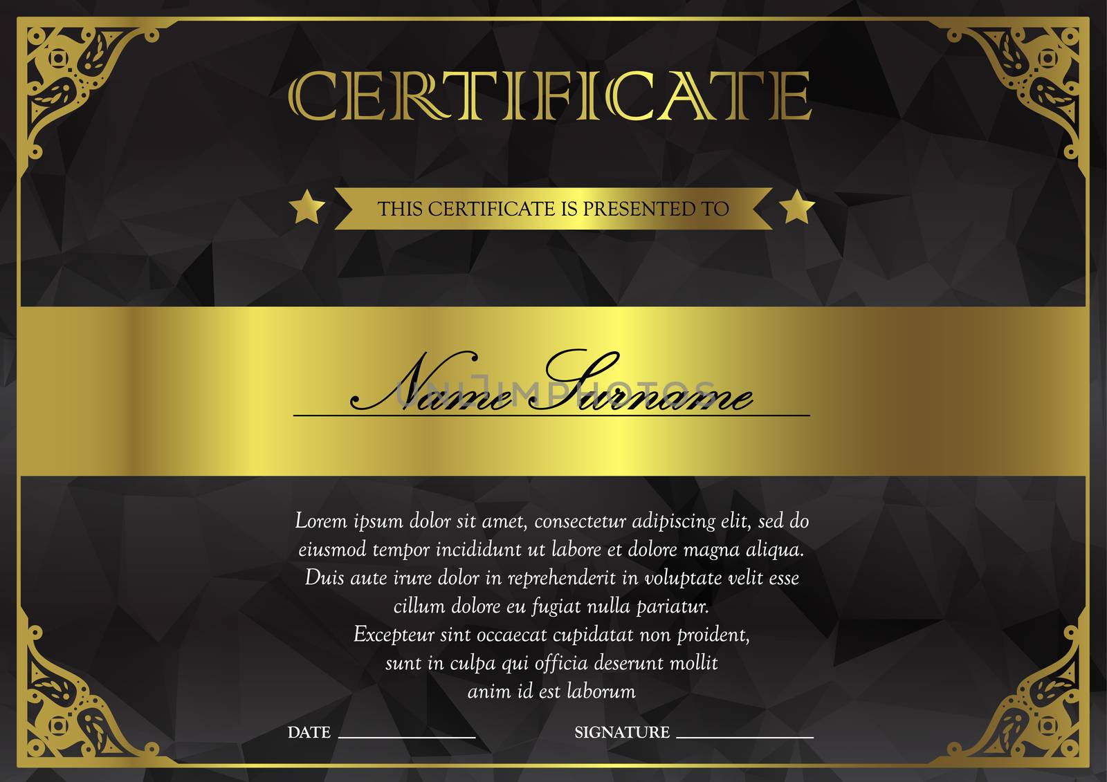 Horizontal black dark and gold certificate and diploma template with vintage, floral, filigree and cute pattern for winner for achievement. Blank of award coupon. Vector