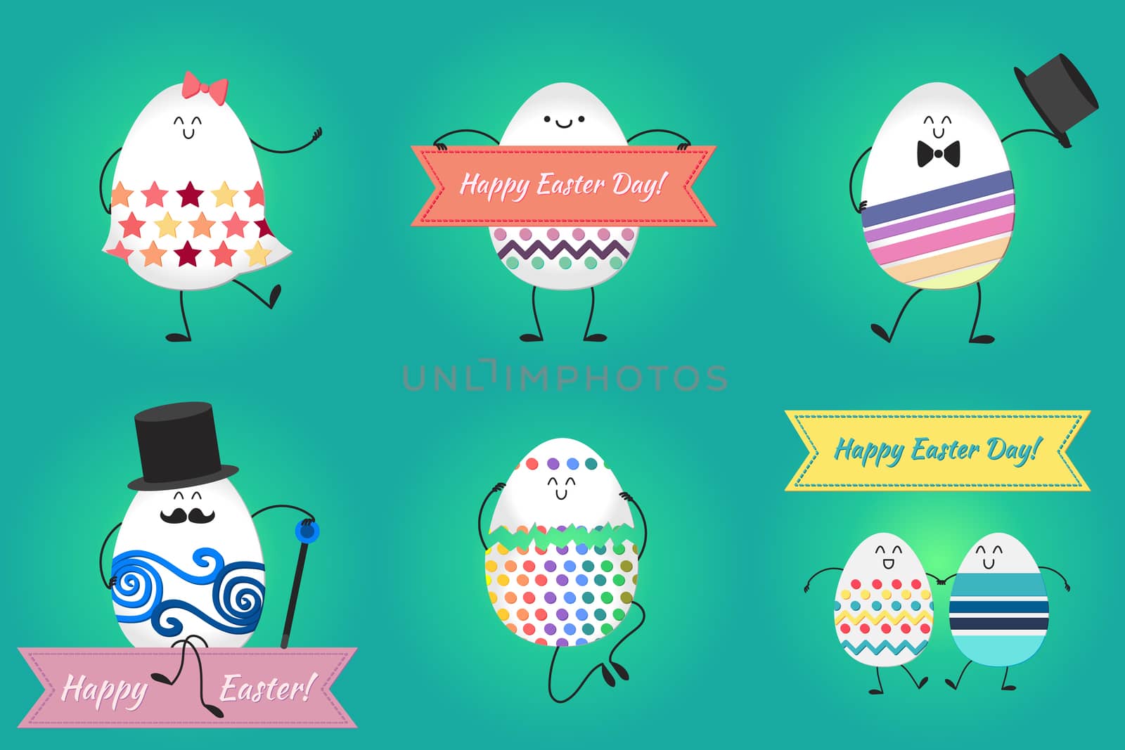Happy easter with happy dancing, stanging and sitting eggs. Vector