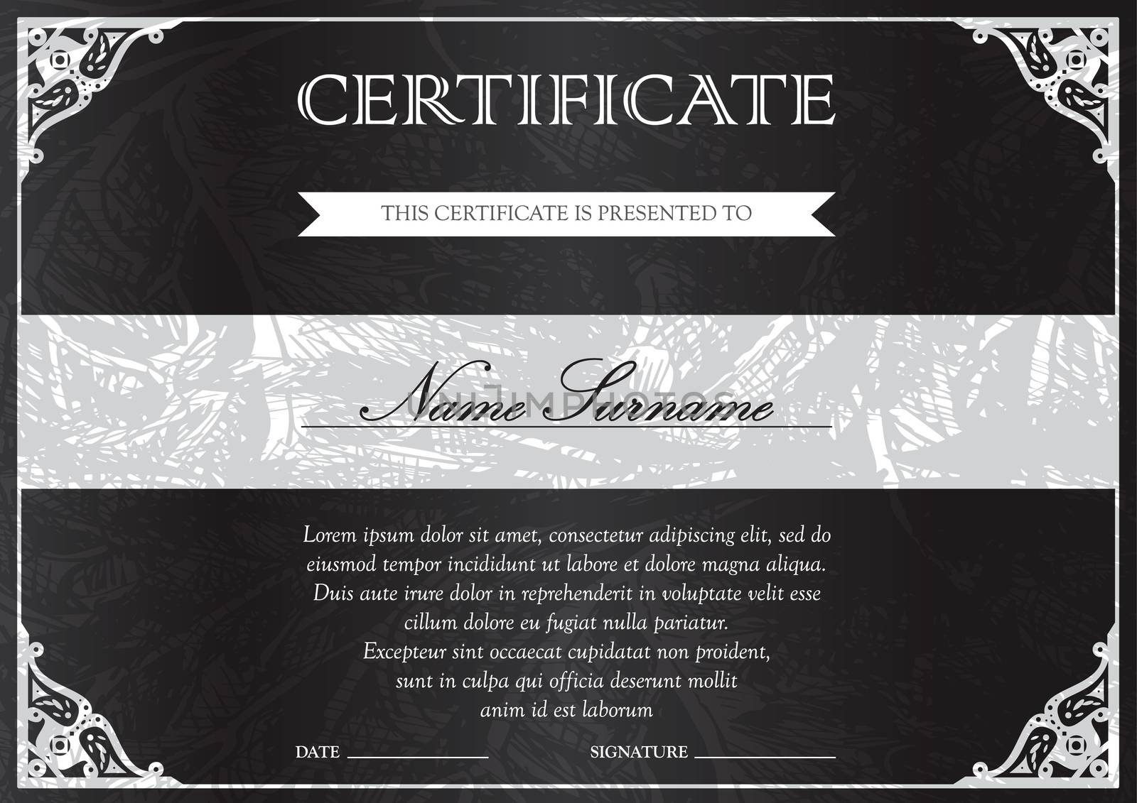 Horizontal black dark certificate and diploma template with vintage, floral, filigree and cute pattern for winner for achievement. Blank of award coupon. Vector