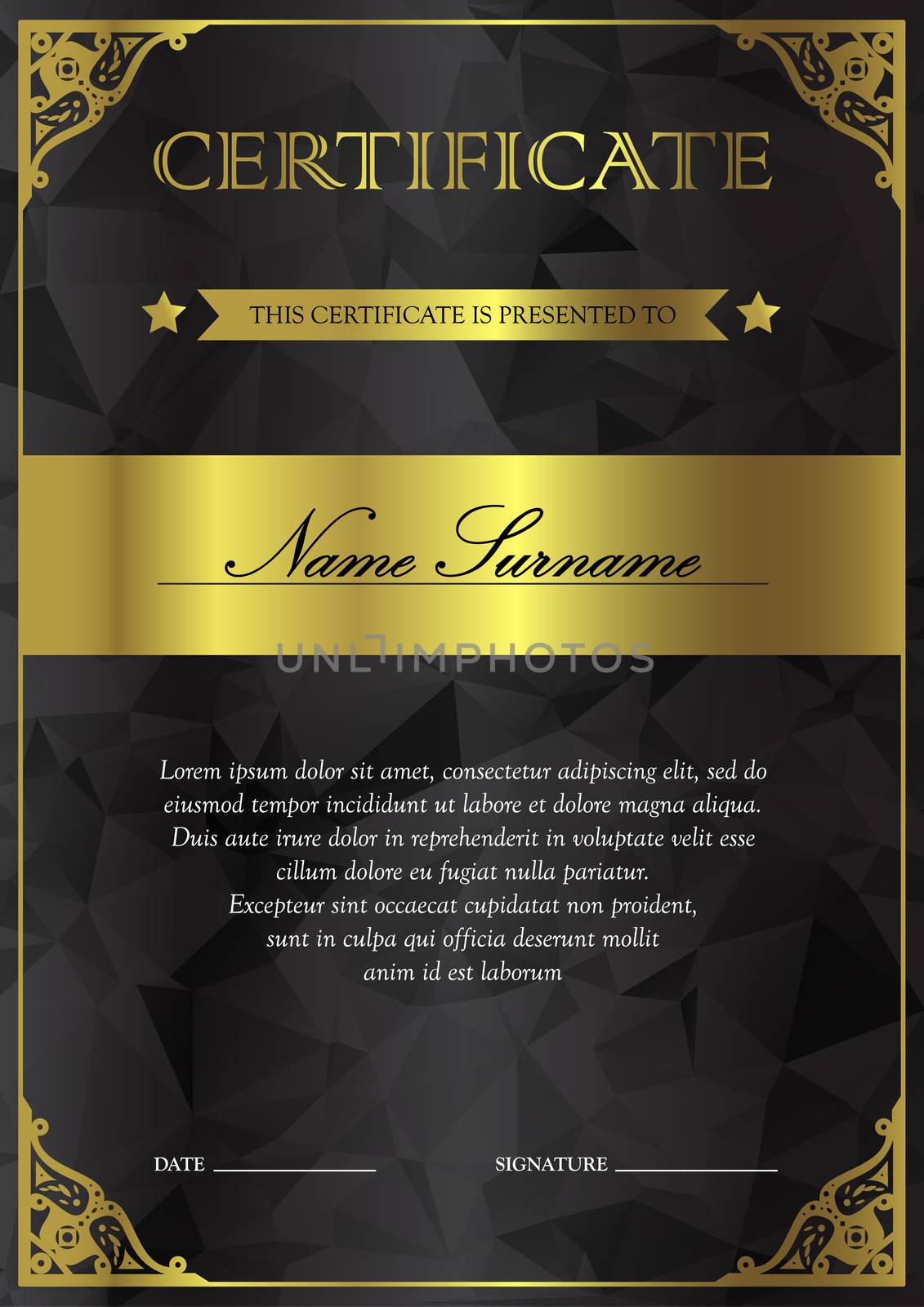 Vertical black and gold certificate and diploma template with vintage, floral, filigree and cute pattern for winner for achievement. Blank of award coupon. Vector