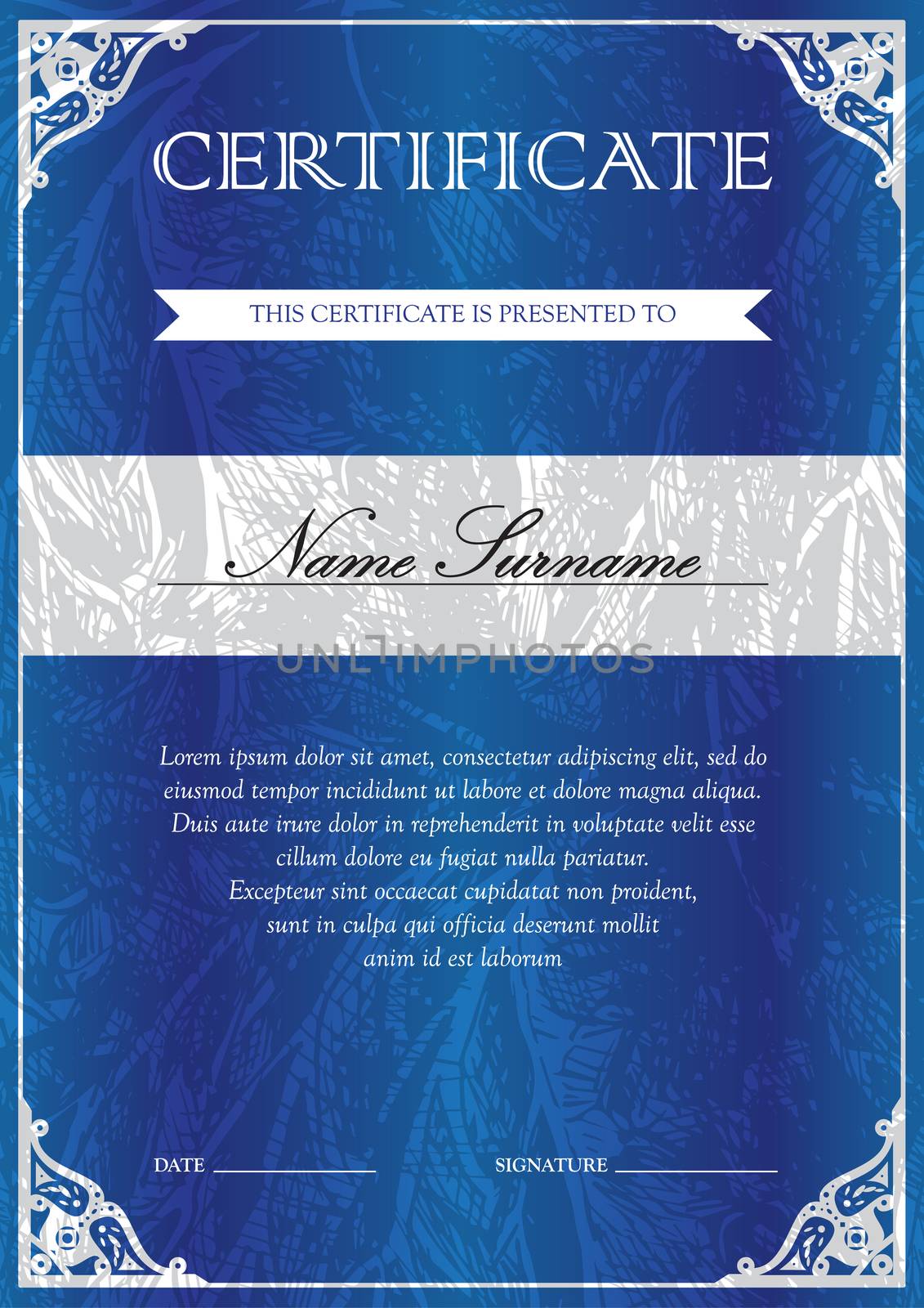 Vertical blue certificate and diploma template with vintage, floral, filigree and cute pattern for winner for achievement. Blank of award coupon. Vector