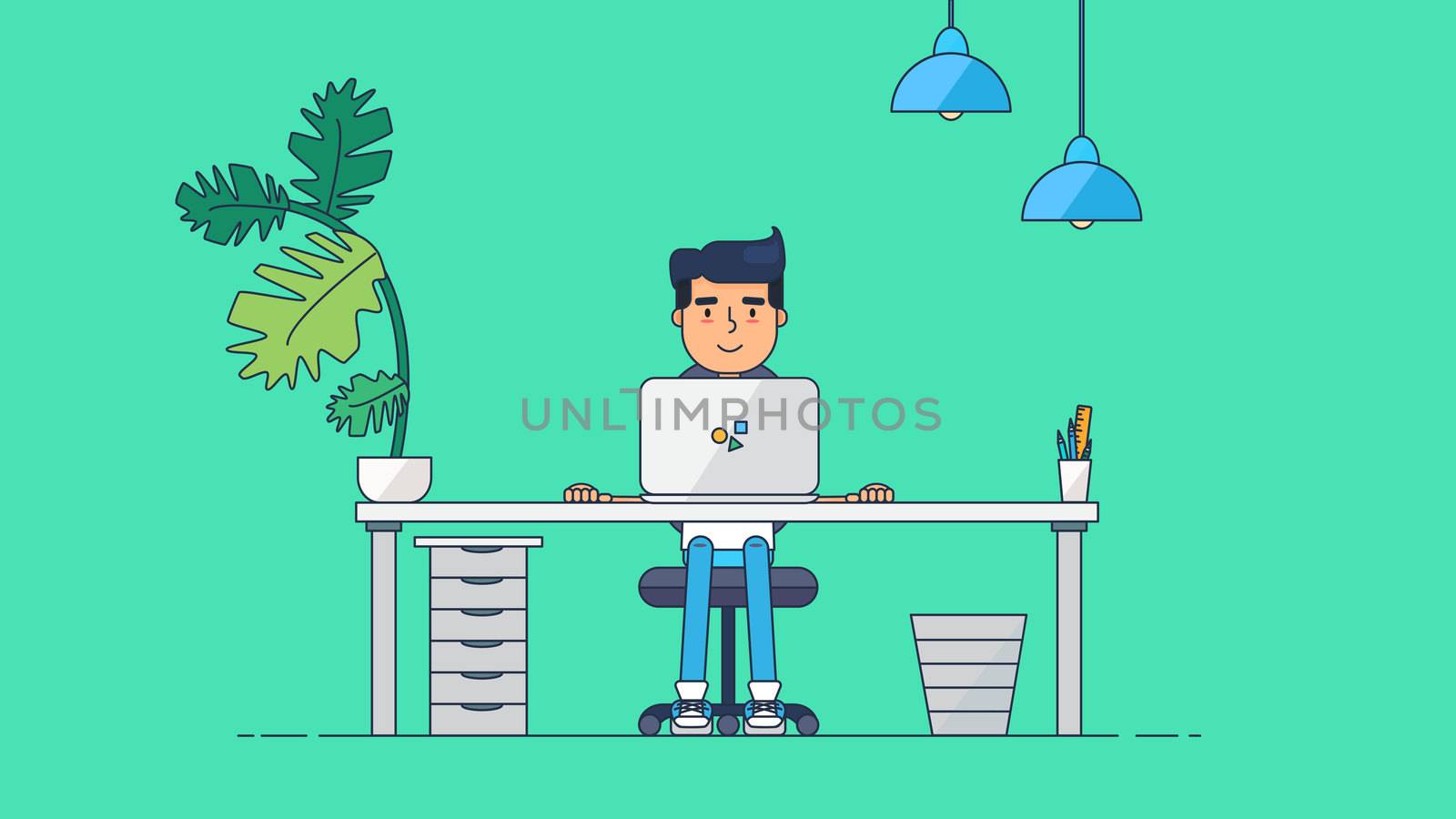 Workspace of Professional Working Developer, Programmer, System Administrator or Designer with desk, chair, notebook Business project or startup concept. Employee office workplace. Vector