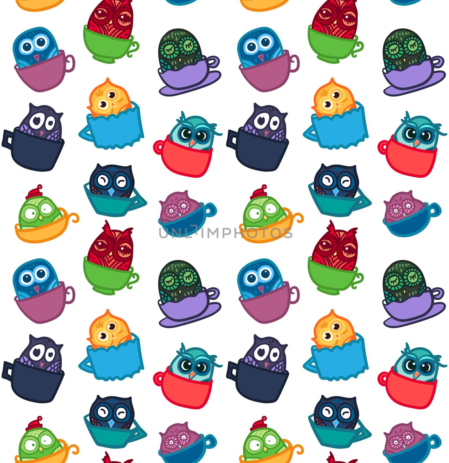 Hand Drawn Funny Owl in Cup. Owls seamless pattern for print, fabric, wrap and illustration, game, web and children's items. Good morning or good night. Vector