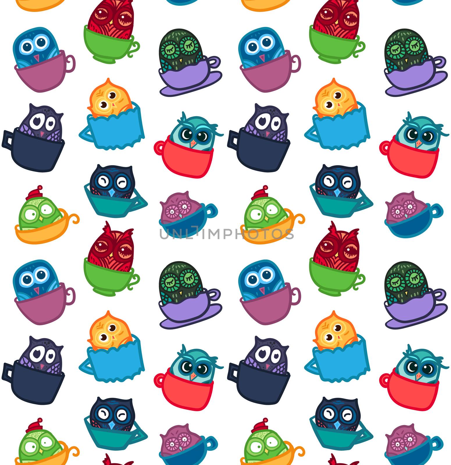 Hand Drawn Funny Owl in Cup. Owls seamless pattern for print, fabric, wrap and illustration, game, web and children's items. Good morning or good night. Vector